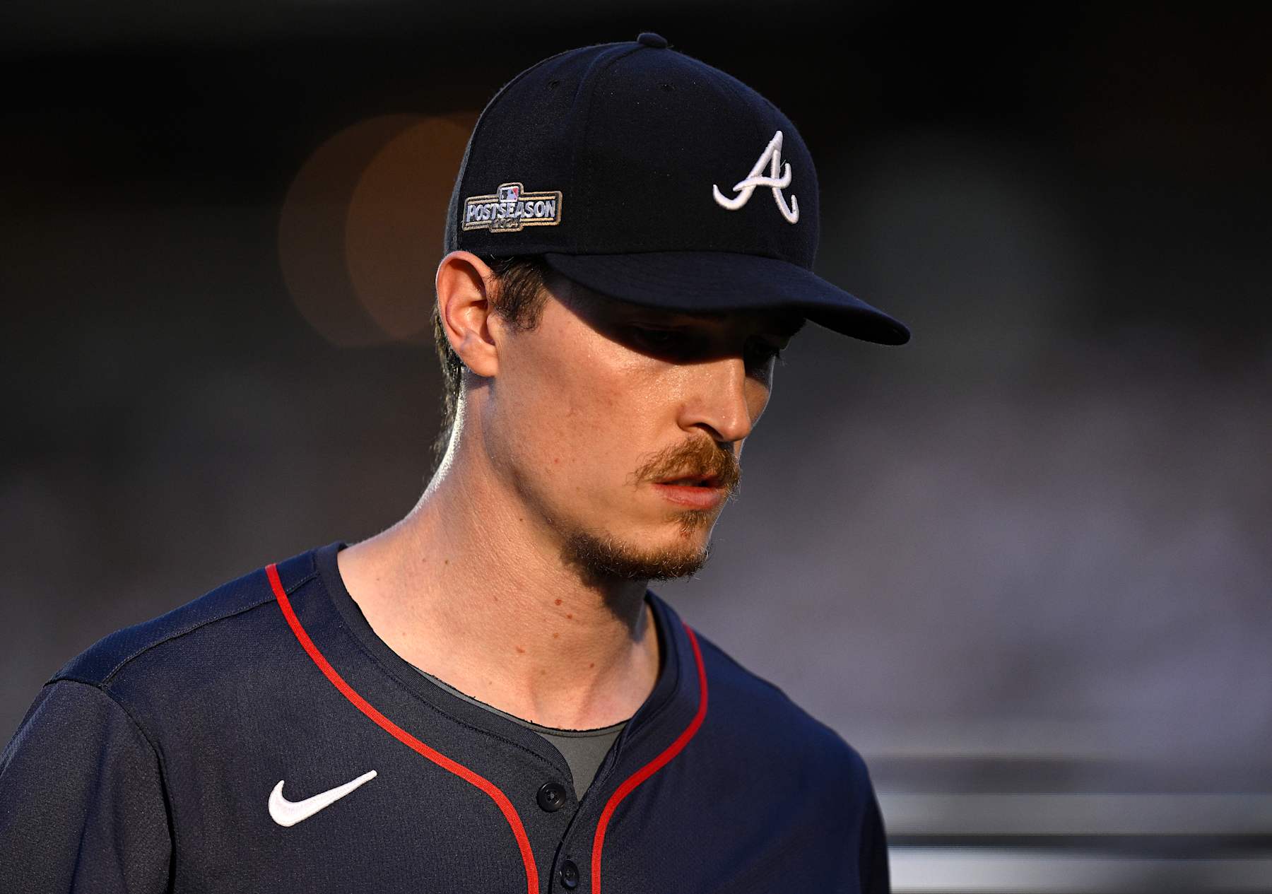 SAN DIEGO, CALIFORNIA - OCTOBER 02: Max Fried #54 of the Atlanta Braves looks on prior to Game Two of the Wild Card Series against the San Diego Padres at Petco Park on October 02, 2024 in San Diego, California.  (Photo by Orlando Ramirez/Getty Images)
