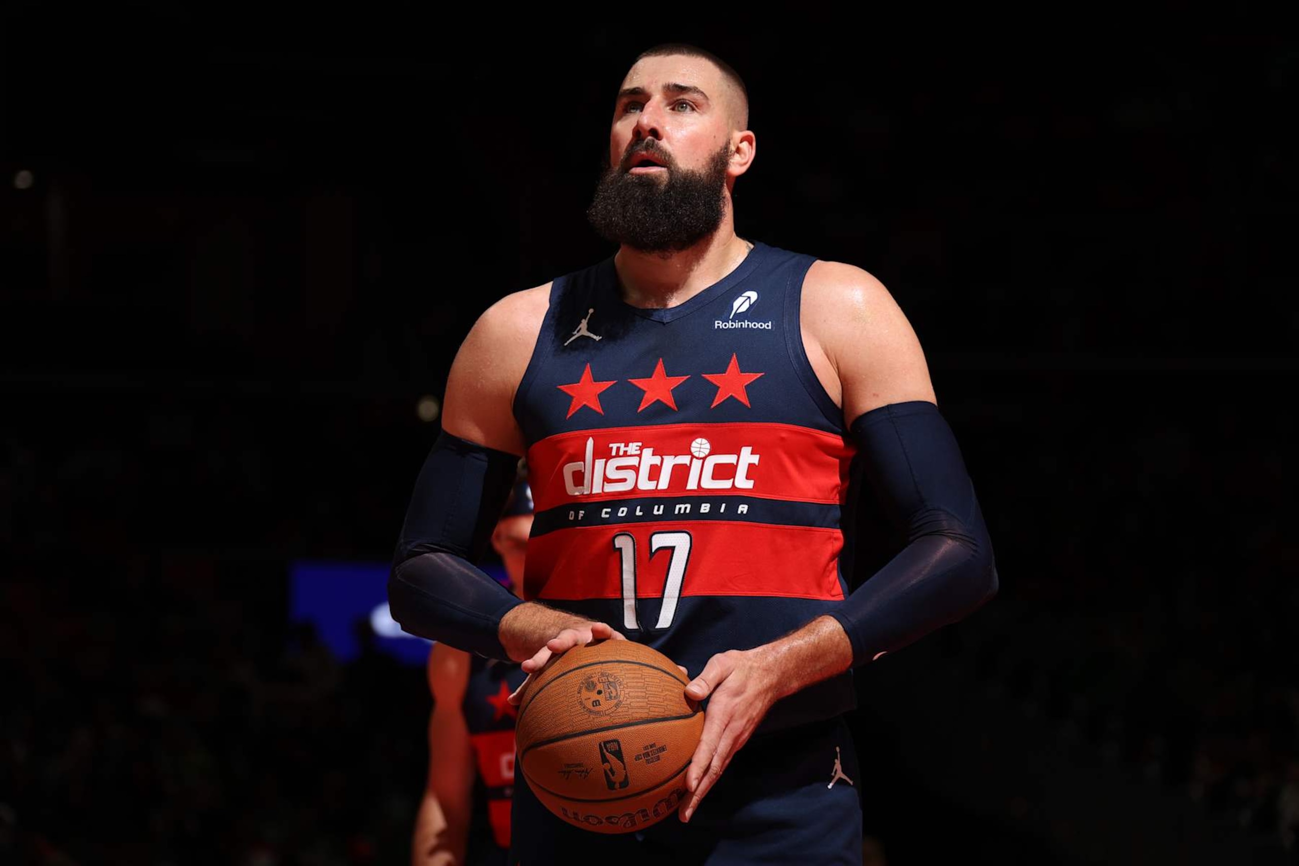 WASHINGTON, DC - NOVEMBER 22: Jonas Valanciunas #17 of the Washington Wizards shoots a free throw during the game against the Boston Celtics during the Emirates NBA Cup game on November 22, 2024 at Capital One Arena in Washington, DC. NOTE TO USER: User expressly acknowledges and agrees that, by downloading and or using this Photograph, user is consenting to the terms and conditions of the Getty Images License Agreement. Mandatory Copyright Notice: Copyright 2024 NBAE (Photo by Stephen Gosling/NBAE via Getty Images) WASHINGTON, DC - NOVEMBER 22: Jonas Valanciunas #17 of the Washington Wizards shoots a free throw during the game against the Boston Celtics during the Emirates NBA Cup game on November 22, 2024 at Capital One Arena in Washington, DC. NOTE TO USER: User expressly acknowledges and agrees that, by downloading and or using this Photograph, user is consenting to the terms and conditions of the Getty Images License Agreement. Mandatory Copyright Notice: Copyright 2024 NBAE (Photo by Stephen Gosling/NBAE via Getty Images)