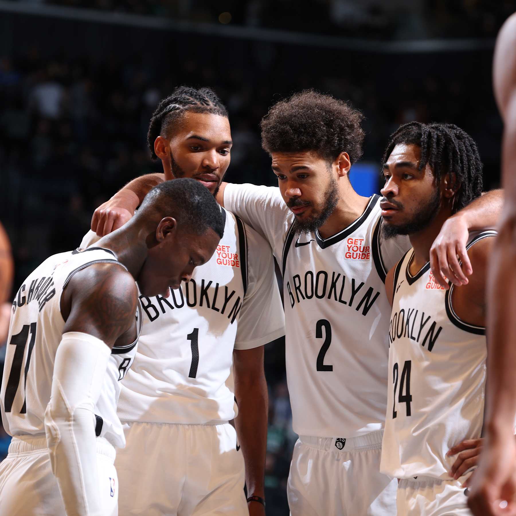 BROOKLYN, NY - NOVEMBER 13: Brooklyn Nets huddle up during the game against the Boston Celtics on November 13, 2024 at Barclays Center in Brooklyn, New York. NOTE TO USER: User expressly acknowledges and agrees that, by downloading and or using this Photograph, user is consenting to the terms and conditions of the Getty Images License Agreement. Mandatory Copyright Notice: Copyright 2024 NBAE (Photo by Jeff Haynes/NBAE via Getty Images)