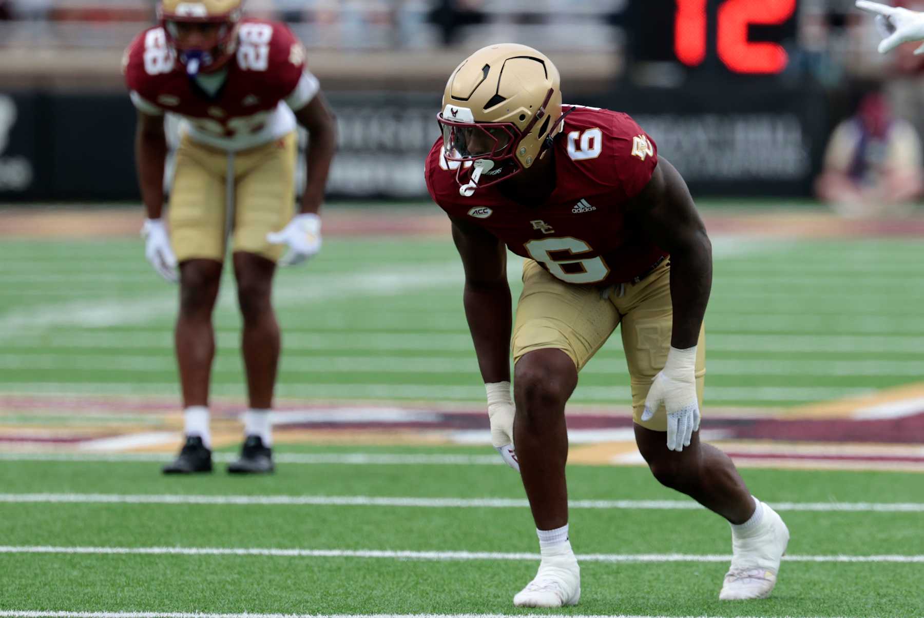 CHESTNUT HILL, MA - SEPTEMBER 07: Boston College Eagles defensive end Donovan Ezeiruaku (6) during a game between the Boston College Eagles and the Duquesne Dukes on September 7, 2024, at Alumni Stadium in Chestnut Hill, Massachusetts. (Photo by Fred Kfoury III/Icon Sportswire via Getty Images)