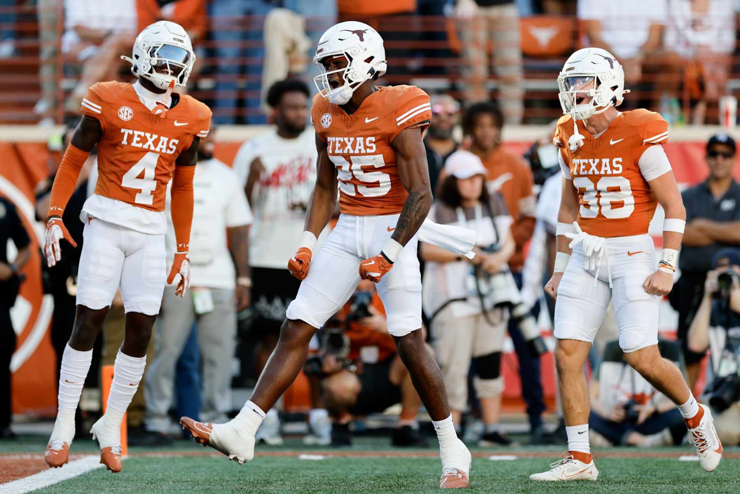 AUSTIN, TEXAS - NOVEMBER 23: Jelani McDonald #25 of the Texas Longhorns reacts after an interception in the second quarter against the Kentucky Wildcats at Darrell K Royal-Texas Memorial Stadium on November 23, 2024 in Austin, Texas. (Photo by Tim Warner/Getty Images)