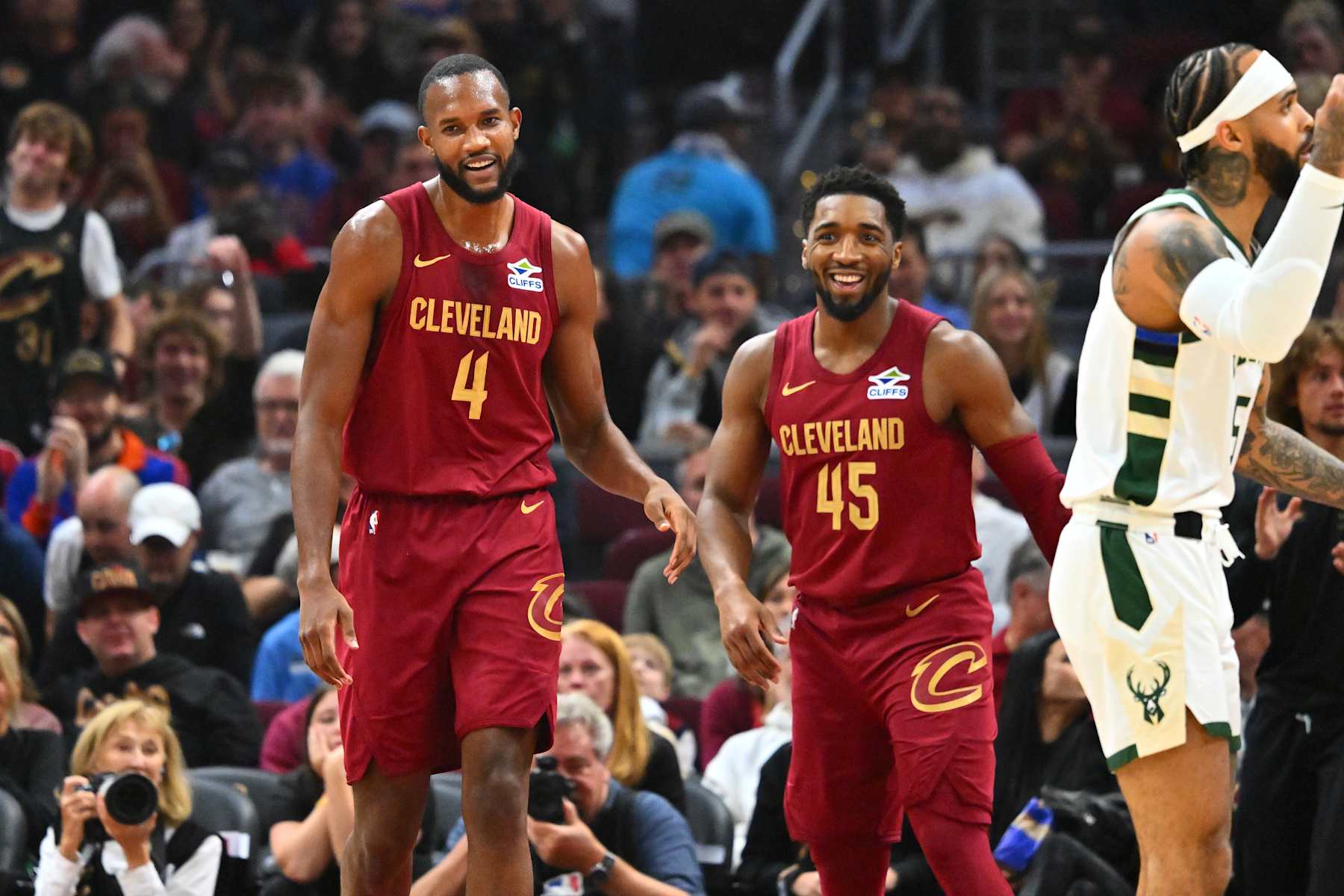 CLEVELAND, OHIO - NOVEMBER 04: Evan Mobley #4 and Donovan Mitchell #45 of the Cleveland Cavaliers celebrate during the first quarter against the Milwaukee Bucks at Rocket Mortgage Fieldhouse on November 04, 2024 in Cleveland, Ohio. NOTE TO USER: User expressly acknowledges and agrees that, by downloading and or using this photograph, User is consenting to the terms and conditions of the Getty Images License Agreement. (Photo by Jason Miller/Getty Images)