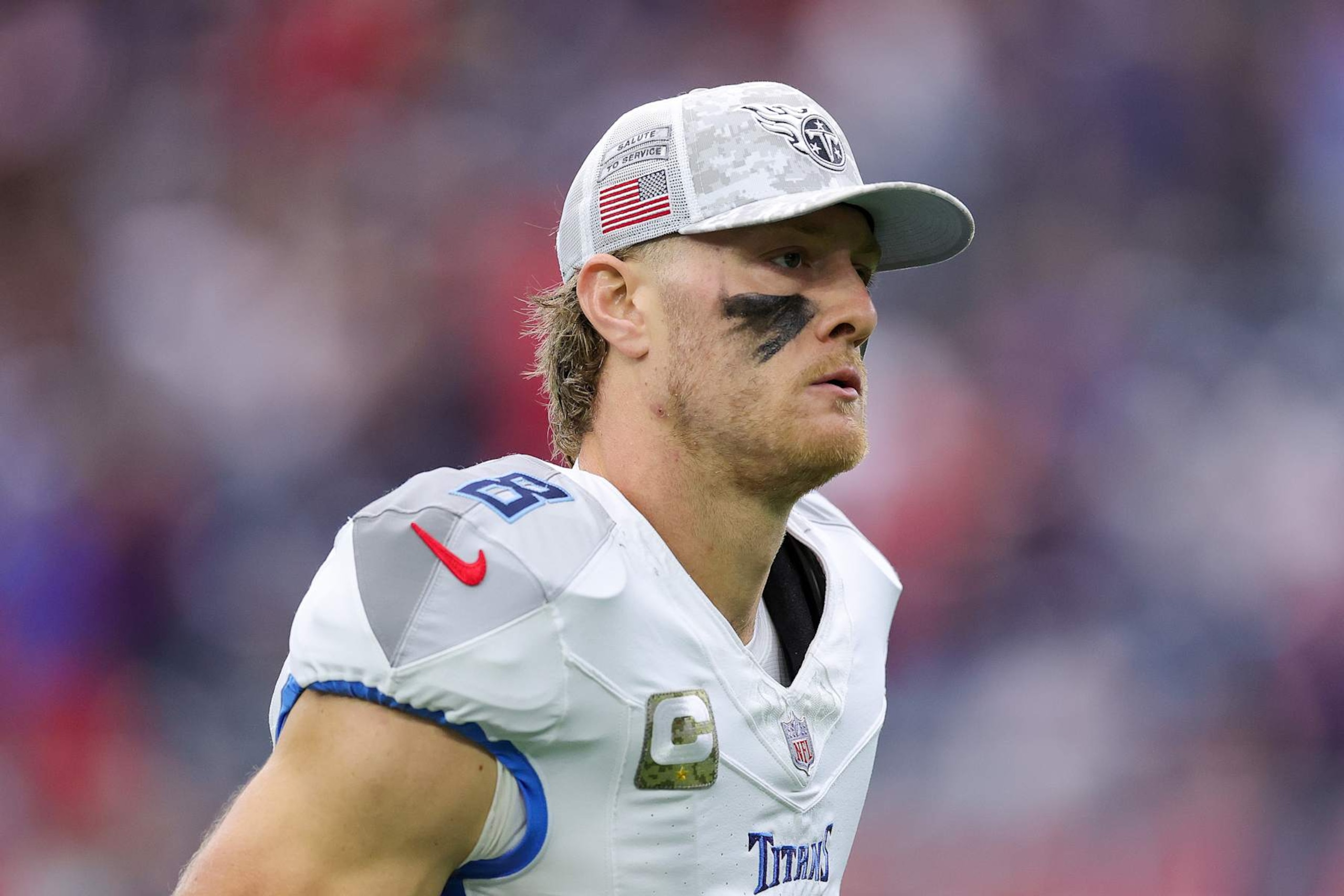 HOUSTON, TEXAS - NOVEMBER 24: Will Levis #8 of the Tennessee Titans looks on prior to the game against the Houston Texans at NRG Stadium on November 24, 2024 in Houston, Texas. (Photo by Alex Slitz/Getty Images)