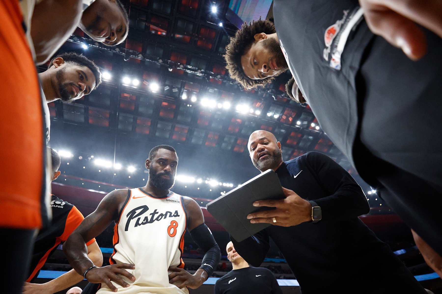 DETROIT, MI - NOVEMBER 18: The Detroit Pistons  huddle up before the game against the Chicago Bulls on November 18, 2024 at Little Caesars Arena in Detroit, Michigan. NOTE TO USER: User expressly acknowledges and agrees that, by downloading and/or using this photograph, User is consenting to the terms and conditions of the Getty Images License Agreement. Mandatory Copyright Notice: Copyright 2024 NBAE (Photo by Brian Sevald/NBAE via Getty Images)