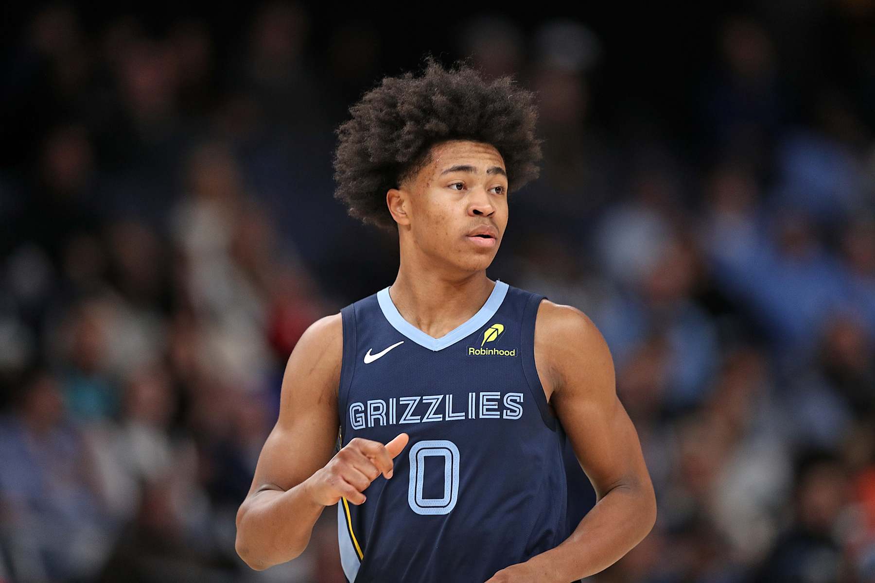 MEMPHIS, TENNESSEE - NOVEMBER 20: Jaylen Wells #0 of the Memphis Grizzlies looks on during the game against the Philadelphia 76ers at FedExForum on November 20, 2024 in Memphis, Tennessee. NOTE TO USER: User expressly acknowledges and agrees that, by downloading and or using this photograph, User is consenting to the terms and conditions of the Getty Images License Agreement. (Photo by Justin Ford/Getty Images)