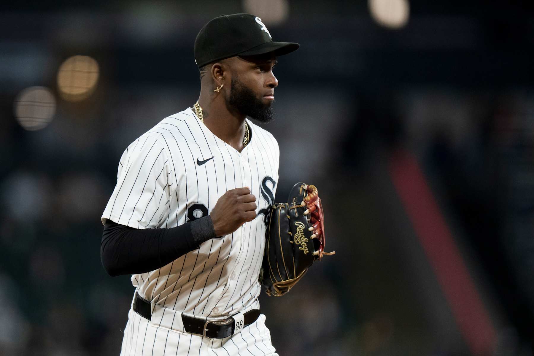 CHICAGO, ILLINOIS - SEPTEMBER 25: Luis Robert Jr #88 of the Chicago White Sox exits the field of play in a game against the Los Angeles Angels at Guaranteed Rate Field on September 25, 2024 in Chicago, Illinois. (Photo by Matt Dirksen/Getty Images)
