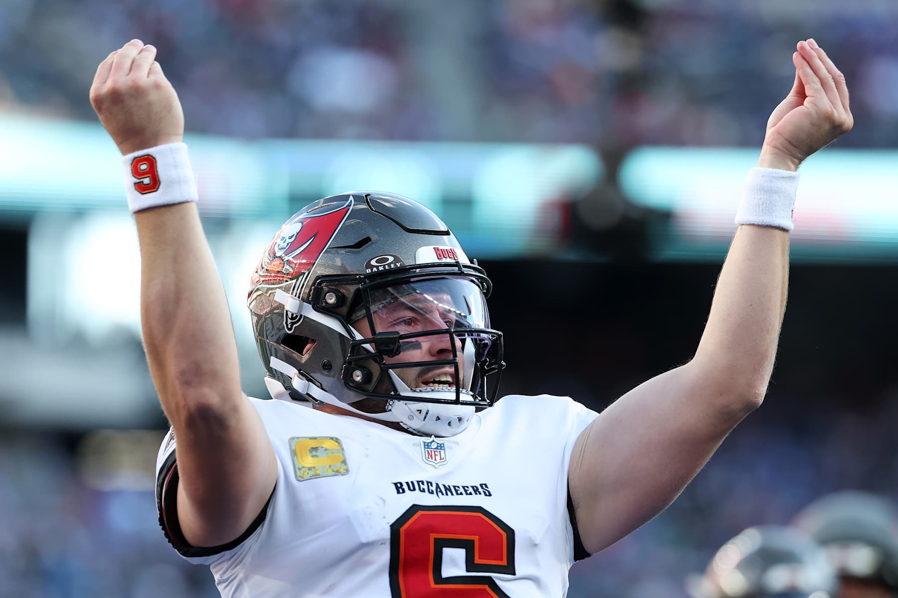 EAST RUTHERFORD, NEW JERSEY - NOVEMBER 24: Baker Mayfield #6 of the Tampa Bay Buccaneers celebrates after scoring a touchdown against the New York Giants during the second quarter at MetLife Stadium on November 24, 2024 in East Rutherford, New Jersey. (Photo by Elsa/Getty Images)