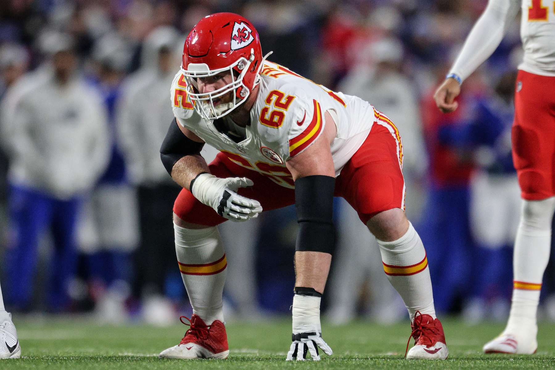 ORCHARD PARK, NEW YORK - NOVEMBER 17: Joe Thuney #62 of the Kansas City Chiefs looks on during the first quarter against the Buffalo Bills at Highmark Stadium on November 17, 2024 in Orchard Park, New York. (Photo by Bryan Bennett/Getty Images)
