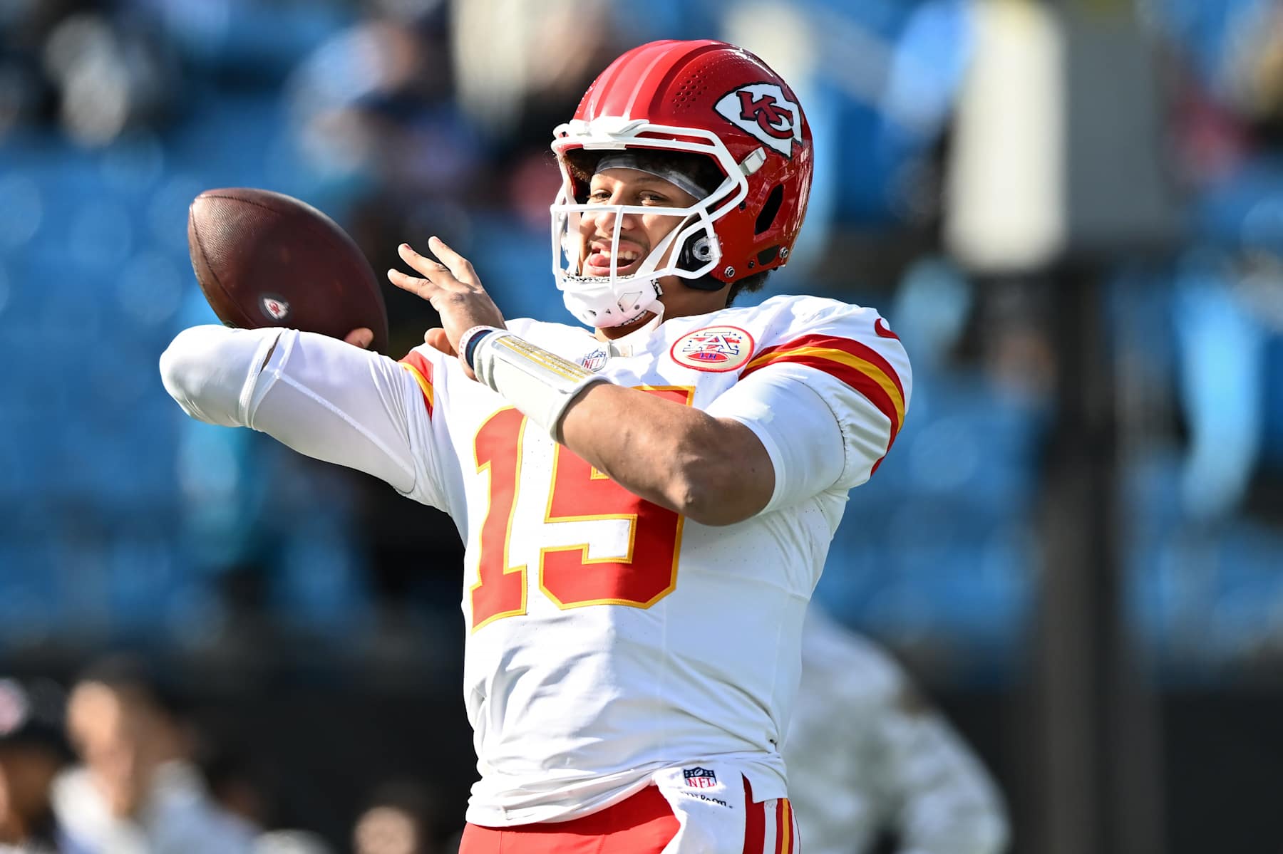CHARLOTTE, NORTH CAROLINA - NOVEMBER 24: Quarterback Patrick Mahomes #15 of the Kansas City Chiefs warms up prior to a game against the Carolina Panthers at Bank of America Stadium on November 24, 2024 in Charlotte, North Carolina. (Photo by Matt Kelley/Getty Images)