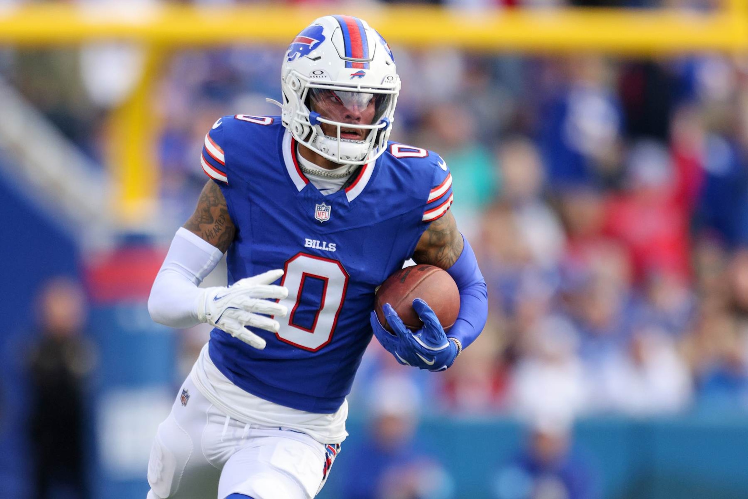 ORCHARD PARK, NEW YORK - NOVEMBER 03: Keon Coleman #0 of the Buffalo Bills runs the ball during the fourth quarter against the Miami Dolphins at Highmark Stadium on November 03, 2024 in Orchard Park, New York. (Photo by Bryan Bennett/Getty Images)