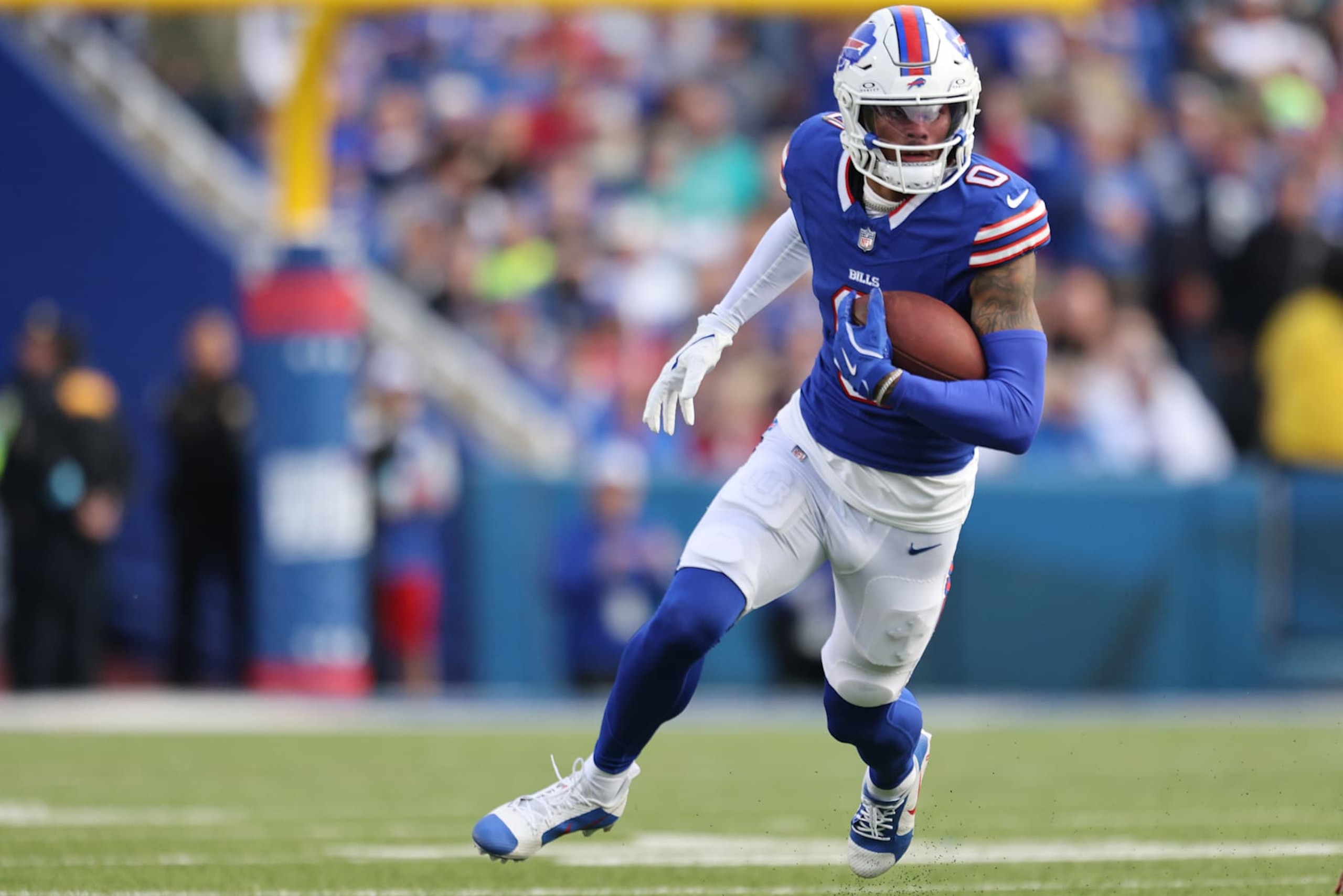 ORCHARD PARK, NEW YORK - NOVEMBER 03: Keon Coleman #0 of the Buffalo Bills carries the ball against the Miami Dolphins during the fourth quarter at Highmark Stadium on November 03, 2024 in Orchard Park, New York. (Photo by Bryan M. Bennett/Getty Images)