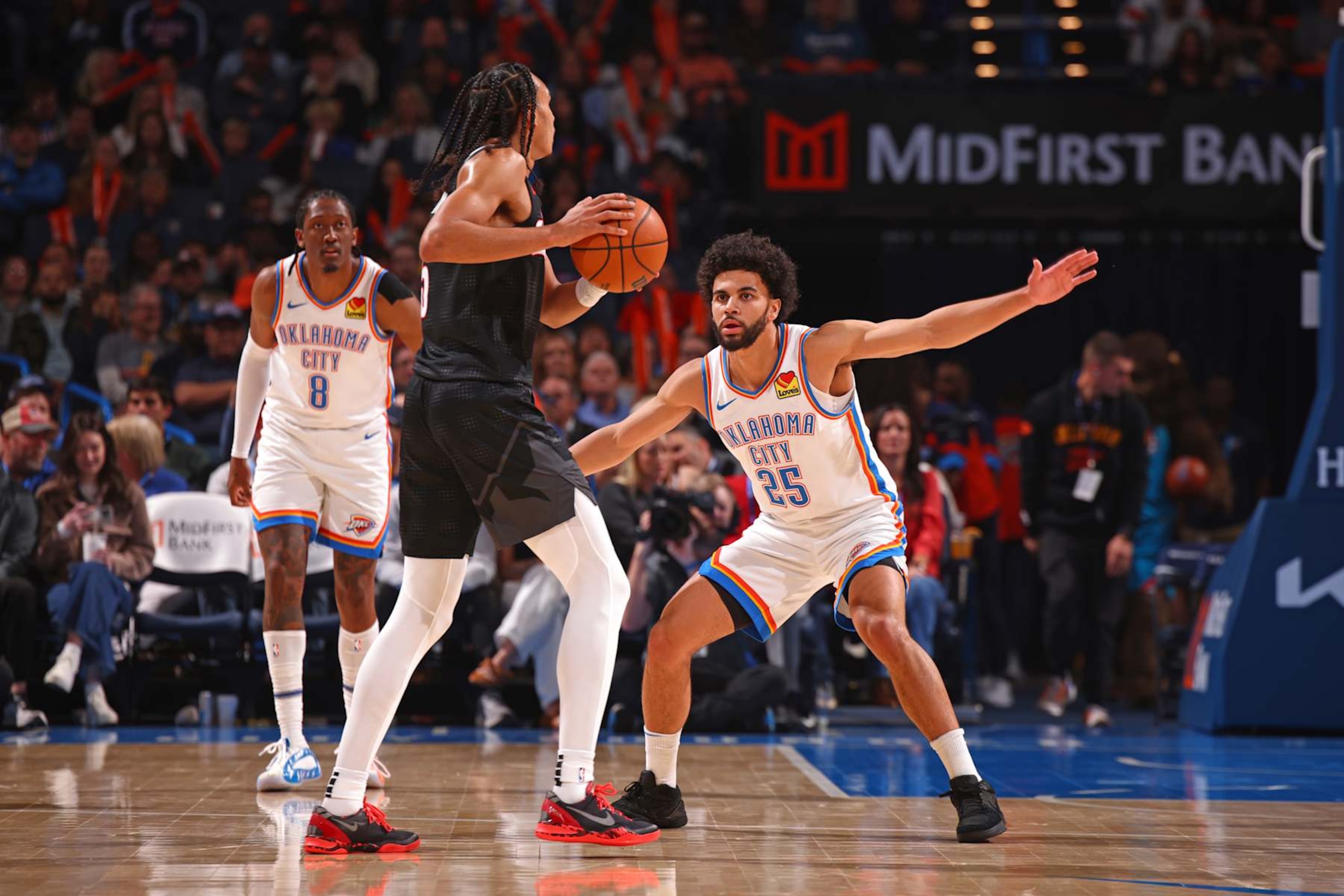 OKLAHOMA CITY, OK - NOVEMBER 20: Ajay Mitchell #25 of the Oklahoma City Thunder plays defense during the game against the Portland Trail Blazers on November 20, 2024 at Paycom Center in Oklahoma City, Oklahoma. NOTE TO USER: User expressly acknowledges and agrees that, by downloading and or using this photograph, User is consenting to the terms and conditions of the Getty Images License Agreement. Mandatory Copyright Notice: Copyright 2024 NBAE (Photo by Zach Beeker/NBAE via Getty Images) OKLAHOMA CITY, OK - NOVEMBER 20: Ajay Mitchell #25 of the Oklahoma City Thunder plays defense during the game against the Portland Trail Blazers on November 20, 2024 at Paycom Center in Oklahoma City, Oklahoma. NOTE TO USER: User expressly acknowledges and agrees that, by downloading and or using this photograph, User is consenting to the terms and conditions of the Getty Images License Agreement. Mandatory Copyright Notice: Copyright 2024 NBAE (Photo by Zach Beeker/NBAE via Getty Images)
