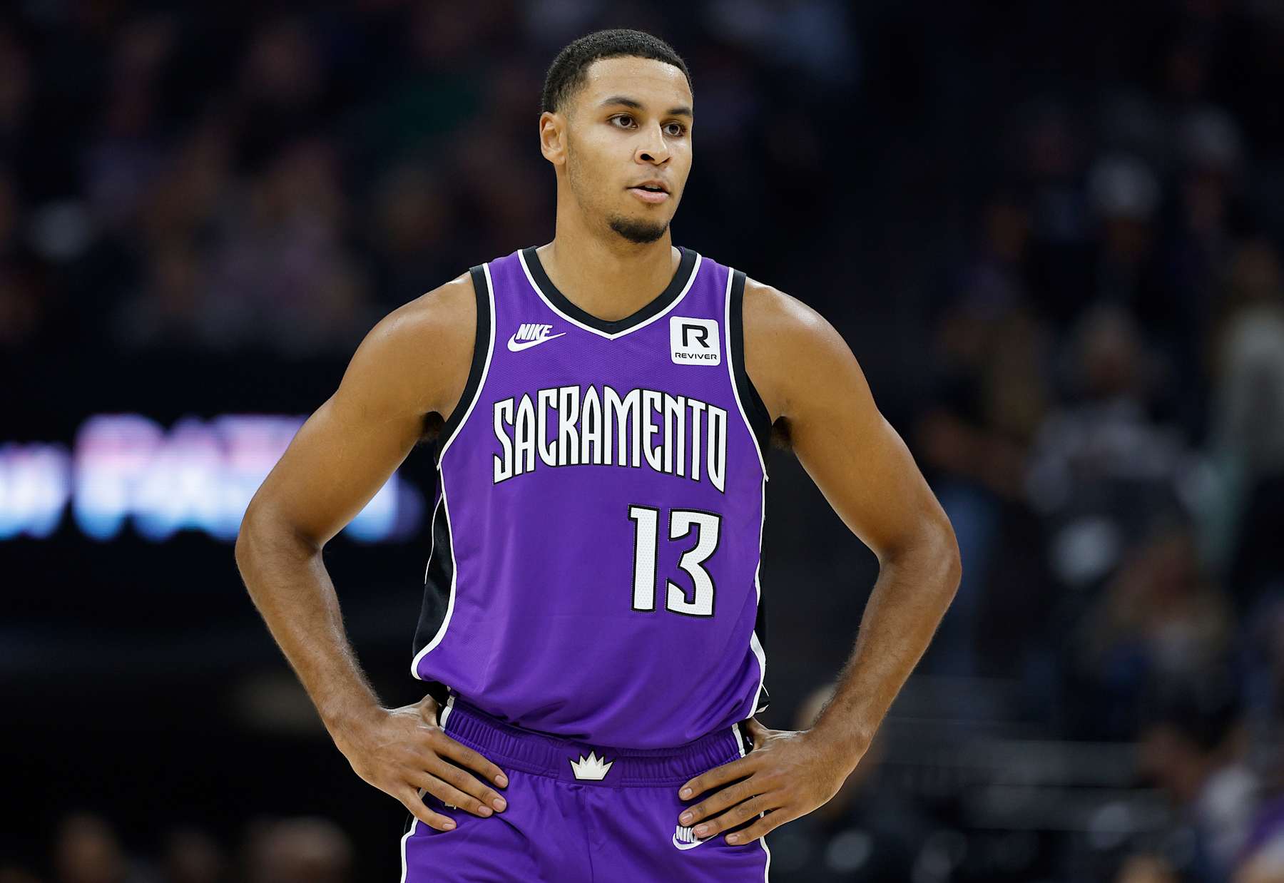 SACRAMENTO, CALIFORNIA - NOVEMBER 24: Keegan Murray #13 of the Sacramento Kings looks on against the Brooklyn Nets during the first half of an NBA basketball game at Golden 1 Center on November 24, 2024 in Sacramento, California. NOTE TO USER: User expressly acknowledges and agrees that, by downloading and or using this photograph, User is consenting to the terms and conditions of the Getty Images License Agreement. (Photo by Thearon W. Henderson/Getty Images)