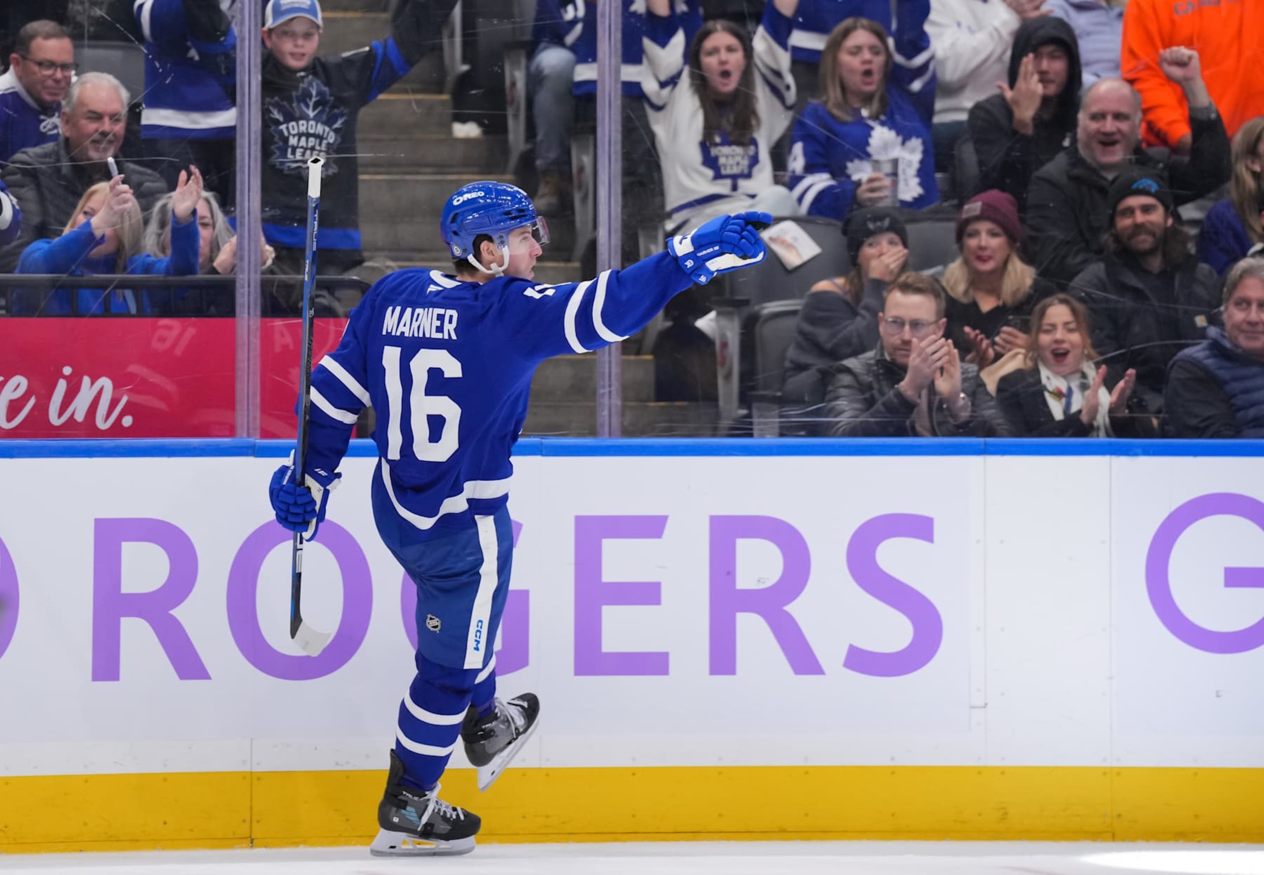 TORONTO, CANADA - NOVEMBER 24: Mitch Marner #16 of the Toronto Maple Leafs celebrates his second period goal against Utah Hockey Club at Scotiabank Arena on November 24, 2024 in Toronto, Ontario, Canada. (Photo by Chris Tanouye/Getty Images)