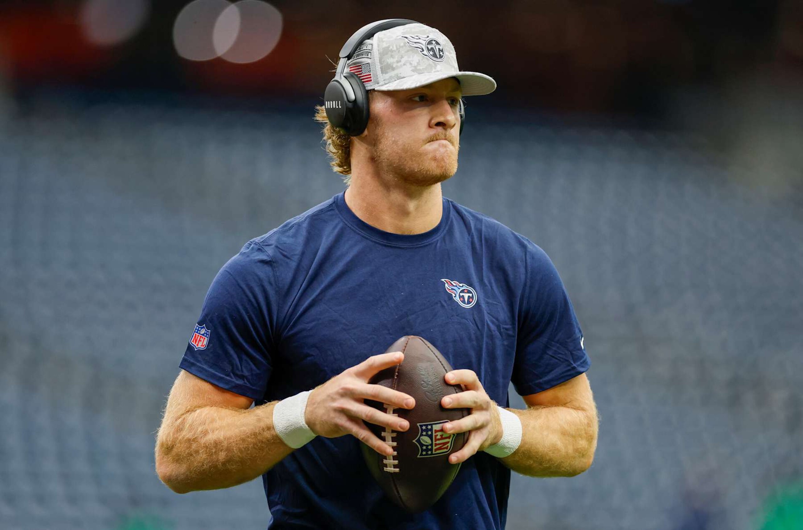 HOUSTON, TEXAS - NOVEMBER 24: Will Levis #8 of the Tennessee Titans warms up prior to the game against the Houston Texans at NRG Stadium on November 24, 2024 in Houston, Texas. (Photo by Tim Warner/Getty Images)
