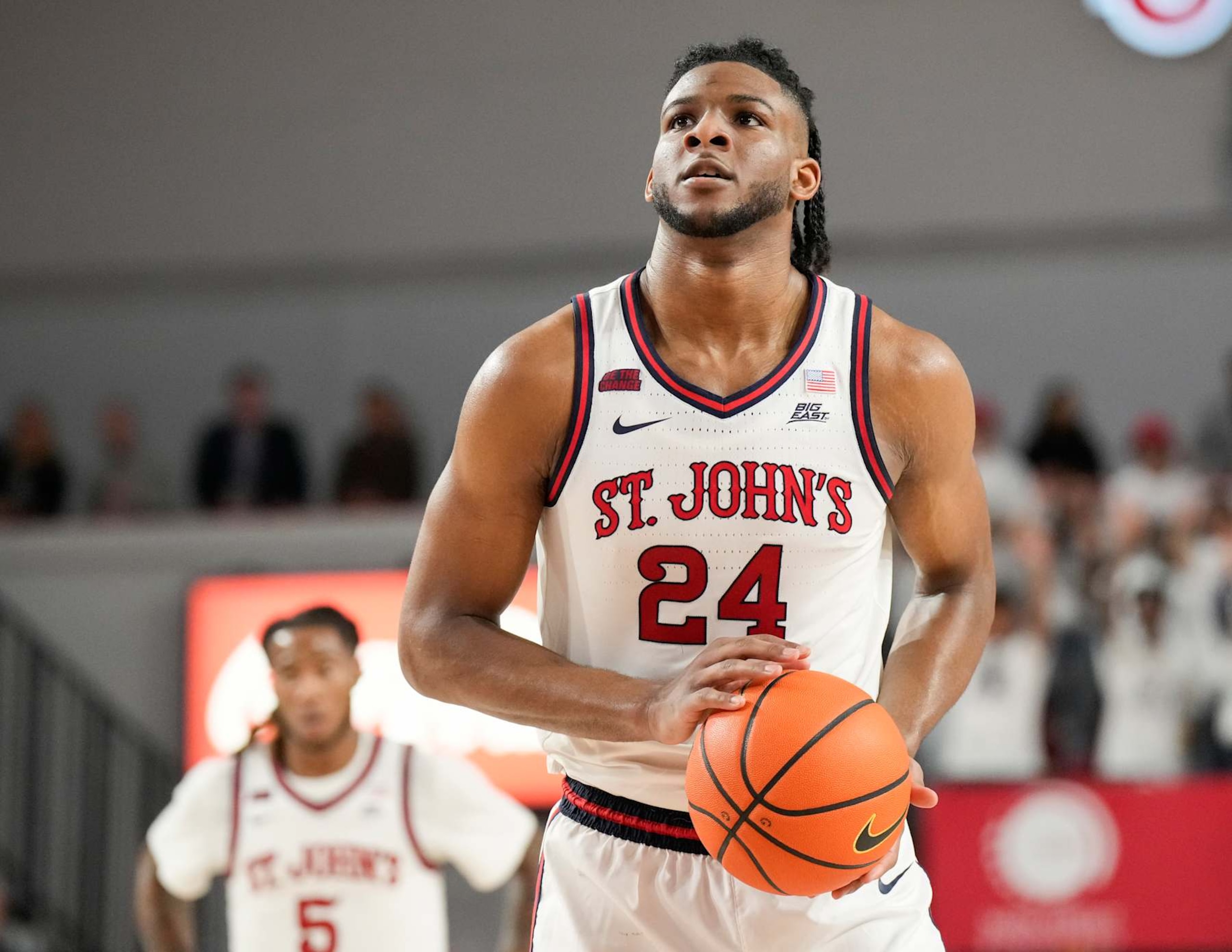 NEW YORK, NY - NOVEMBER 4: Zuby Ejiofor #24 of the St. John's Red Storm shoots a free throw in the second half of a college basketball game against the Fordham Rams at Carnesecca Arena on November 4, 2024 in the Queens borough of New York City. (Photo by Porter Binks/Getty Images) NEW YORK, NY - NOVEMBER 4: Zuby Ejiofor #24 of the St. John's Red Storm shoots a free throw in the second half of a college basketball game against the Fordham Rams at Carnesecca Arena on November 4, 2024 in the Queens borough of New York City. (Photo by Porter Binks/Getty Images)