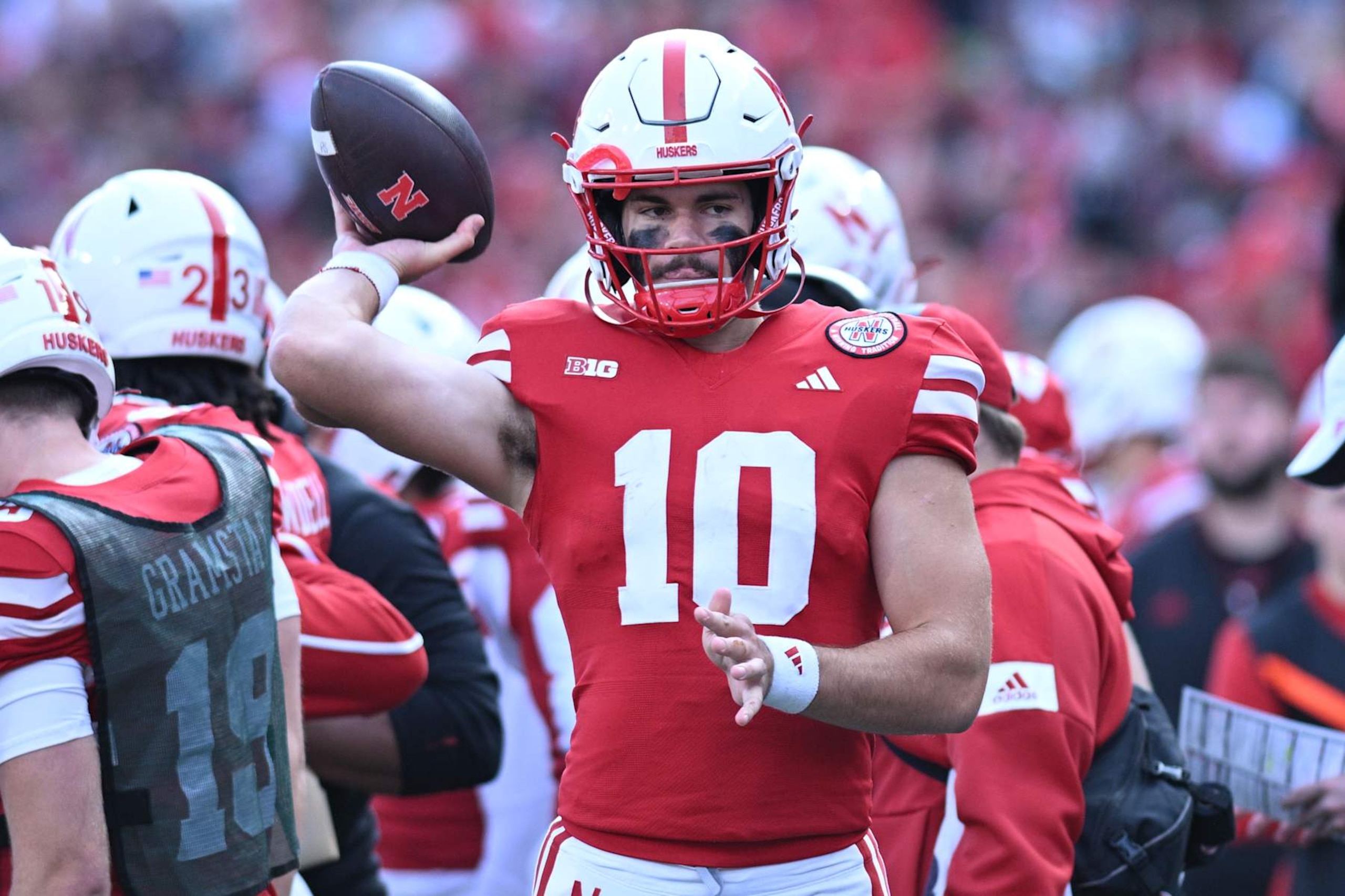 LINCOLN, NEBRASKA - NOVEMBER 23: Heinrich Haarberg #10 of the Nebraska Cornhuskers warms up against the Wisconsin Badgers at Memorial Stadium on November 23, 2024 in Lincoln, Nebraska. (Photo by Steven Branscombe/Getty Images) LINCOLN, NEBRASKA - NOVEMBER 23: Heinrich Haarberg #10 of the Nebraska Cornhuskers warms up against the Wisconsin Badgers at Memorial Stadium on November 23, 2024 in Lincoln, Nebraska. (Photo by Steven Branscombe/Getty Images)