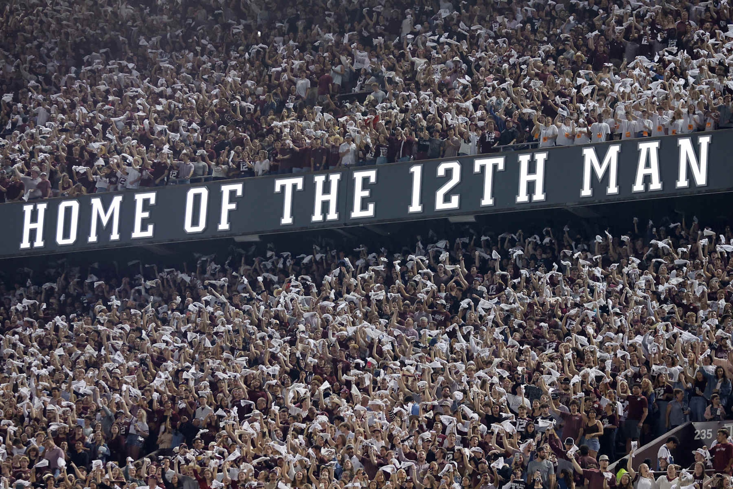 COLLEGE STATION, TEXAS - NOVEMBER 16: Fans cheer during the game between the Texas A&M Aggies and the New Mexico State Aggies at Kyle Field on November 16, 2024 in College Station, Texas. (Photo by Tim Warner/Getty Images) COLLEGE STATION, TEXAS - NOVEMBER 16: Fans cheer during the game between the Texas A&M Aggies and the New Mexico State Aggies at Kyle Field on November 16, 2024 in College Station, Texas. (Photo by Tim Warner/Getty Images)
