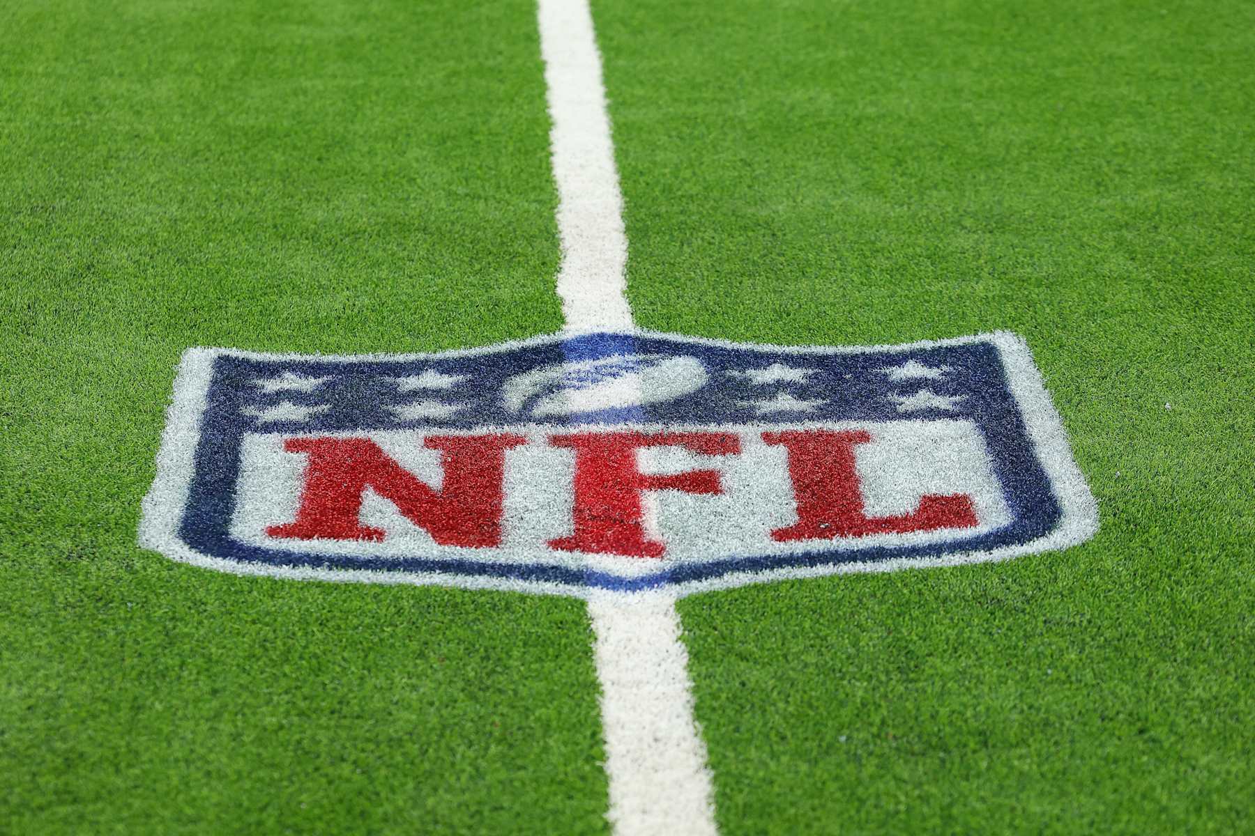 HOUSTON, TEXAS - NOVEMBER 24: An NFL logo is seen on the field prior to a game between the Houston Texans and the Tennessee Titans at NRG Stadium on November 24, 2024 in Houston, Texas. (Photo by Alex Slitz/Getty Images)