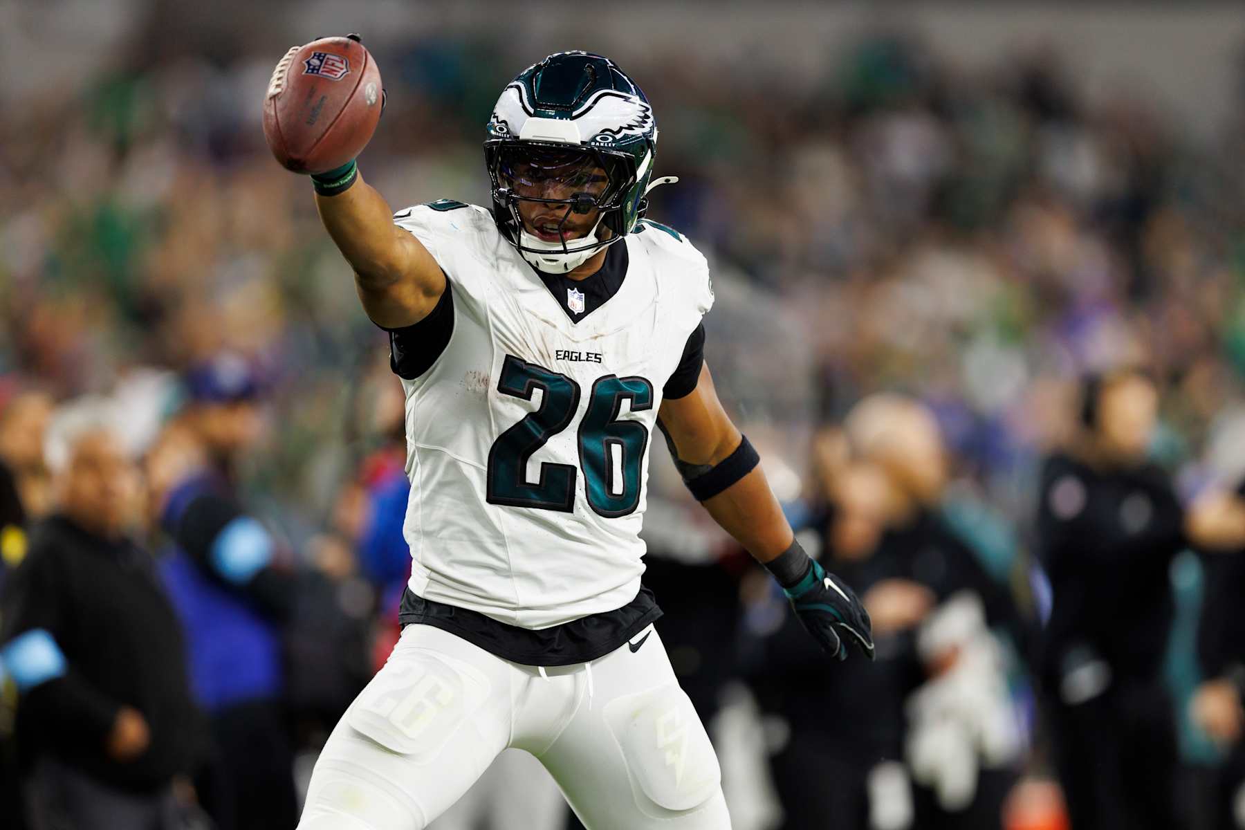 INGLEWOOD, CALIFORNIA - NOVEMBER 24: Running back Saquon Barkley #26 of the Philadelphia Eagles celebrates a first-down during the second half of an NFL football game against the Los Angeles Rams, at SoFi Stadium on November 24, 2024 in Inglewood, California. (Photo by Brooke Sutton/Getty Images)