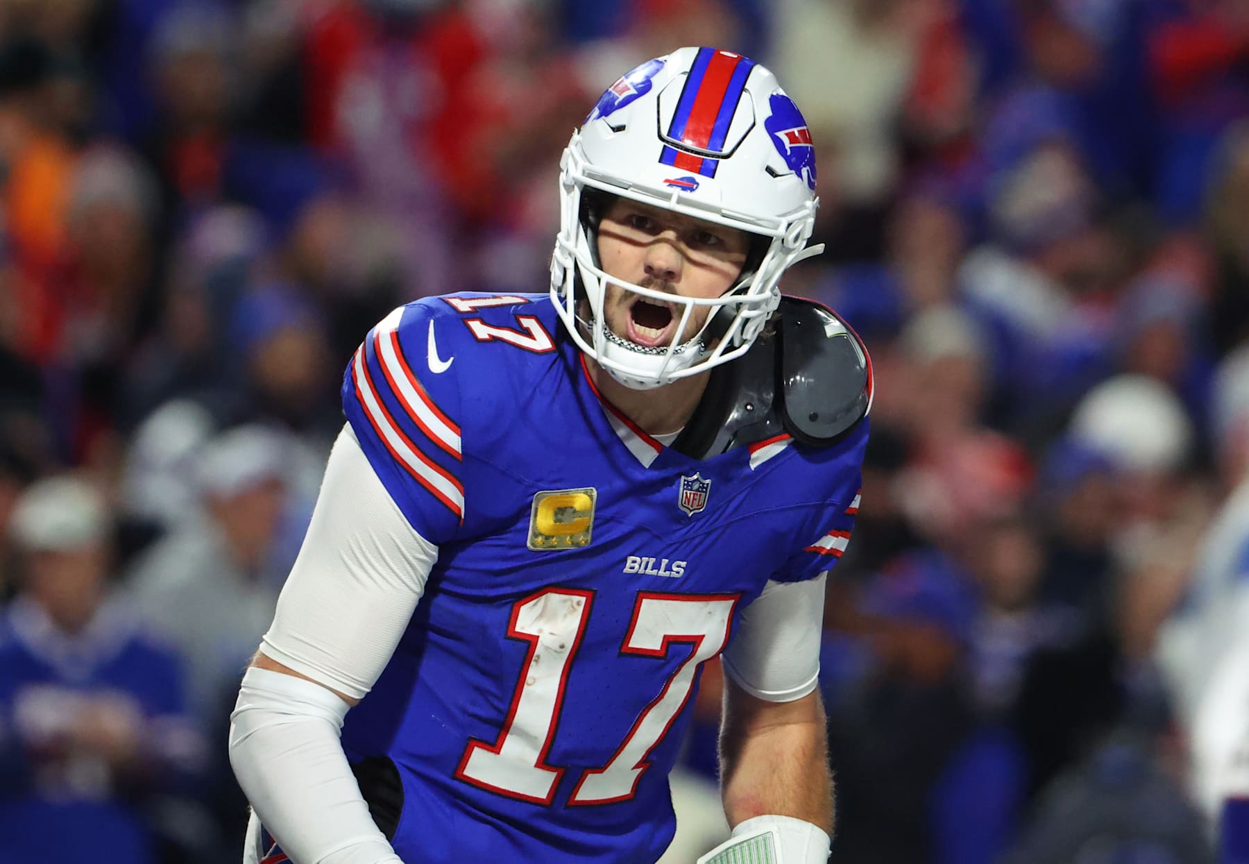 ORCHARD PARK, NEW YORK - NOVEMBER 17: Josh Allen #17 of the Buffalo Bills reacts after making a touchdown during the second half against the Kansas City Chiefs at Highmark Stadium on November 17, 2024 in Orchard Park, New York. (Photo by Timothy T Ludwig/Getty Images)