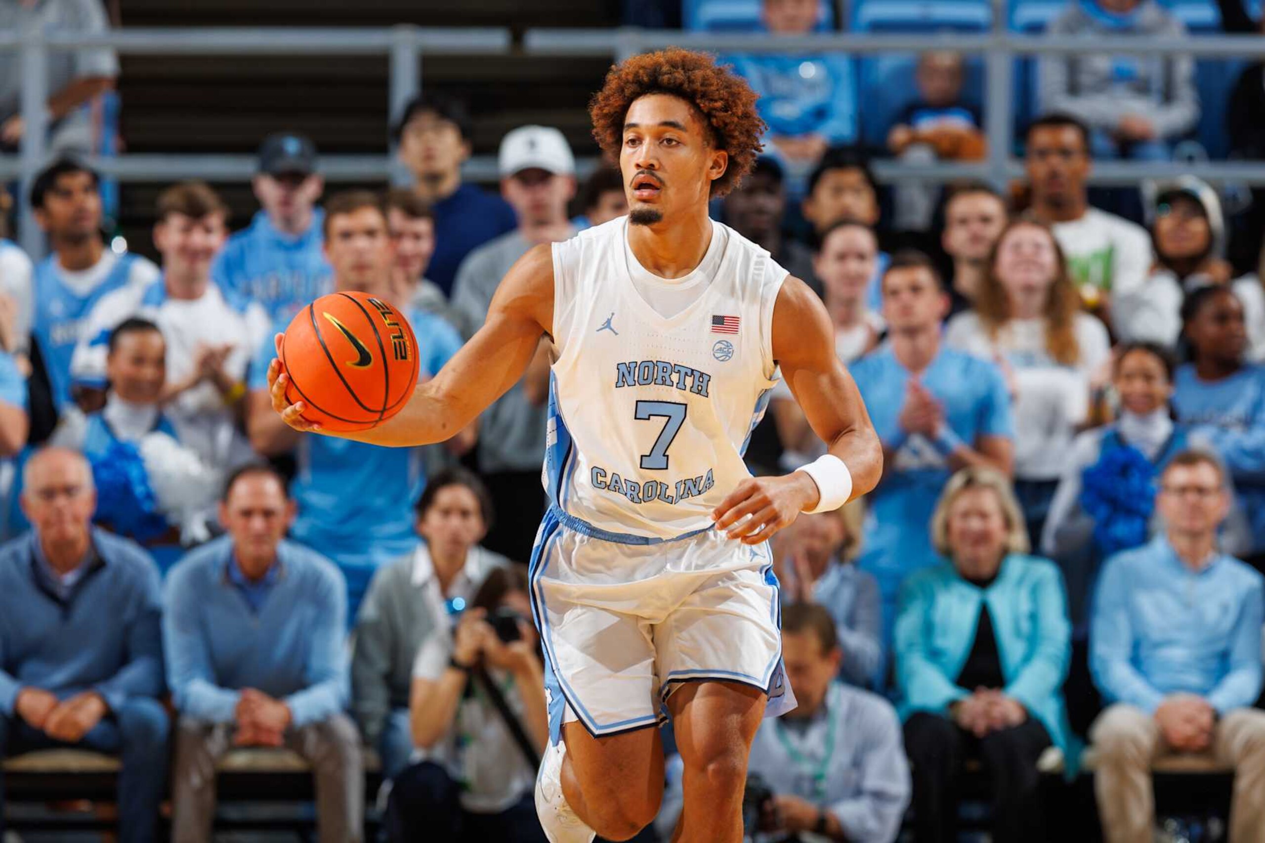 CHAPEL HILL, NC - OCTOBER 27: Seth Trimble #7 of the North Carolina Tar Heels dribbles the ball during a game against the Johnson C Smith Golden Bulls on October 27, 2024 at the Dean Smith Center in Chapel Hill, North Carolina. North Carolina won 127-63. (Photo by Peyton Williams/UNC/Getty Images) CHAPEL HILL, NC - OCTOBER 27: Seth Trimble #7 of the North Carolina Tar Heels dribbles the ball during a game against the Johnson C Smith Golden Bulls on October 27, 2024 at the Dean Smith Center in Chapel Hill, North Carolina. North Carolina won 127-63. (Photo by Peyton Williams/UNC/Getty Images)