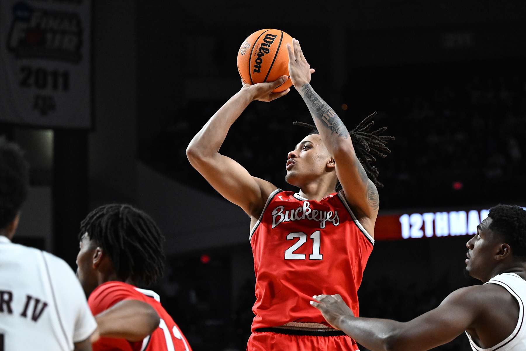 COLLEGE STATION, TEXAS - NOVEMBER 15: Devin Royal #21 of the Ohio State Buckeyes shoots at the basket against the Texas A&M Aggies during the second half at Reed Arena on November 15, 2024 in College Station, Texas. (Photo by Jack Gorman/Getty Images)
