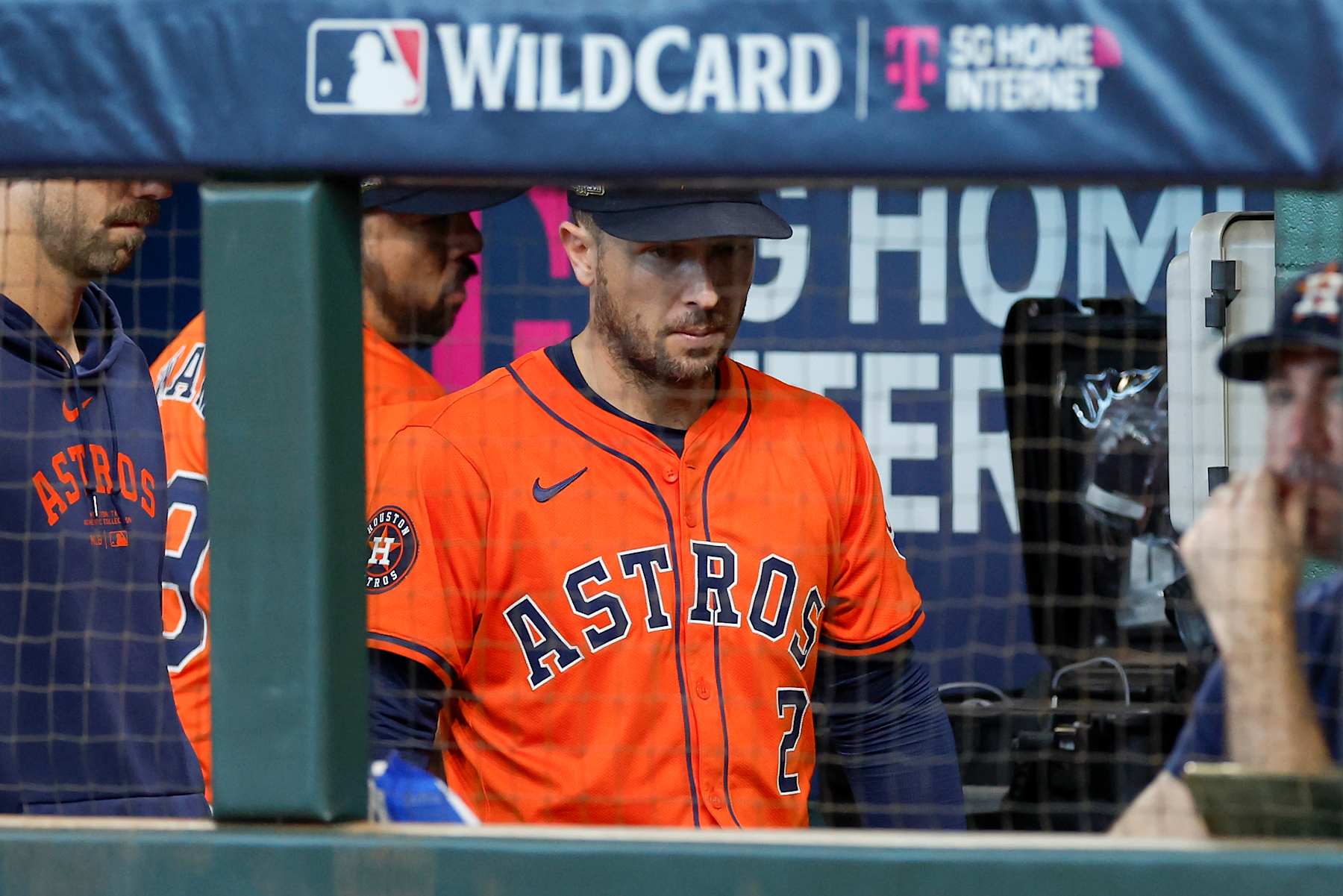 HOUSTON, TEXAS - OCTOBER 02: Alex Bregman #2 of the Houston Astros reacts in the dugout after the game against the Detroit Tigers during Game Two of the Wild Card Series at Minute Maid Park on October 02, 2024 in Houston, Texas.  (Photo by Tim Warner/Getty Images)