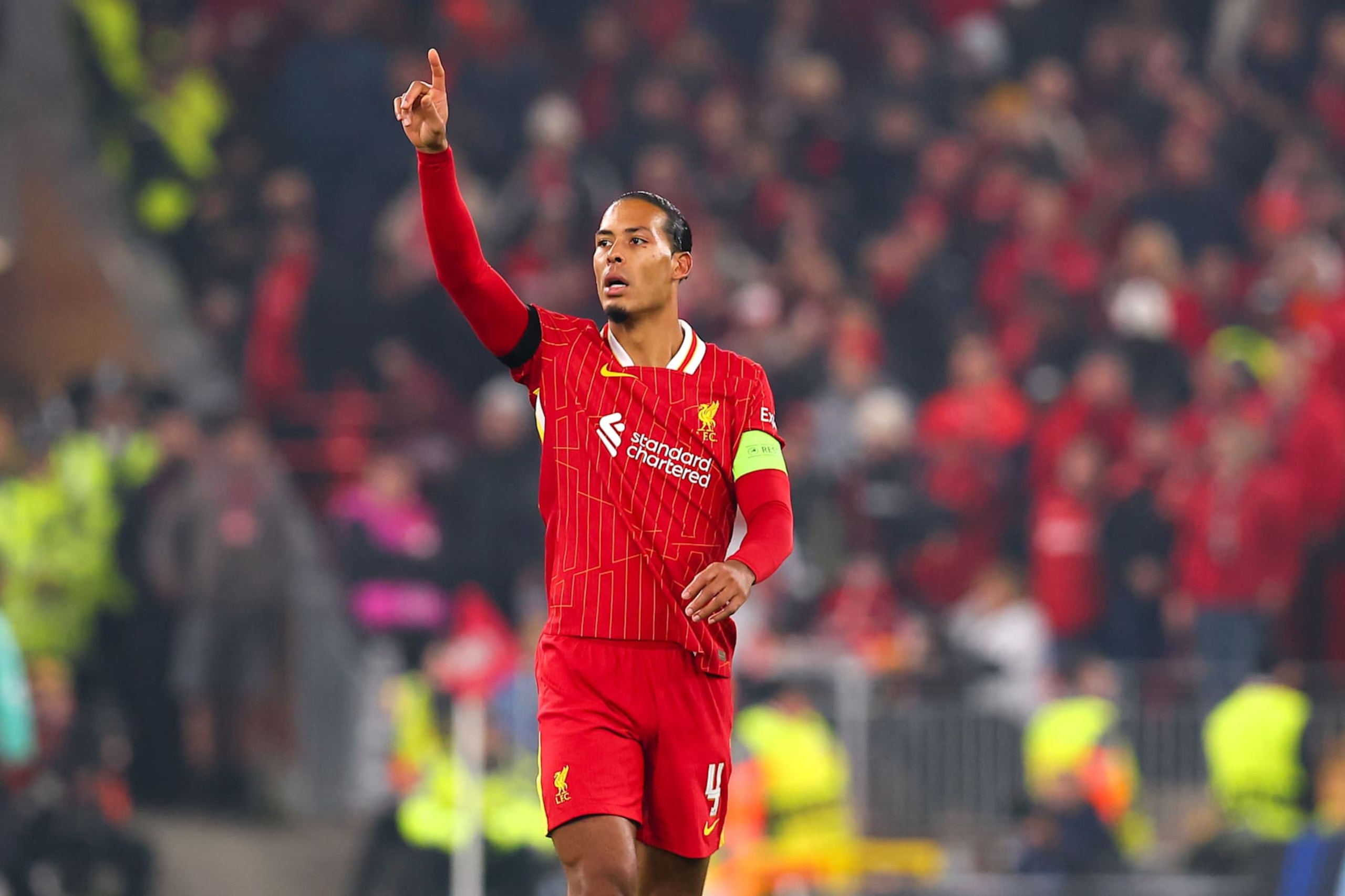 Liverpool, England - November 5: Virgil van Dijk of Liverpool FC during the UEFA Champions League 2024/25 League Phase MD4 match between Liverpool FC and Bayer 04 Leverkusen at Anfield on November 5, 2024 in Liverpool, England. (Photo by Ryan Crockett/DeFodi Images via Getty Images) 