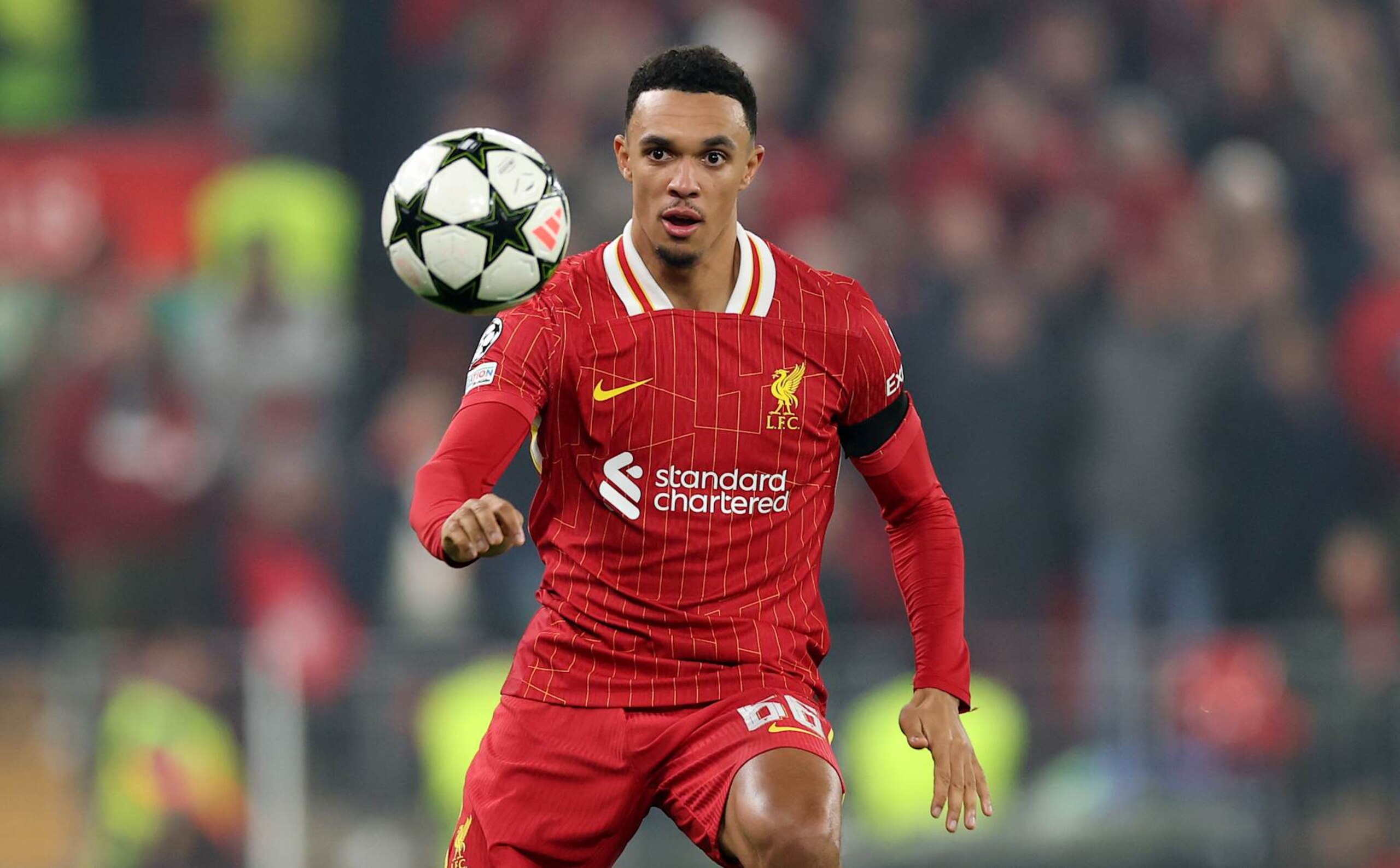 LIVERPOOL, ENGLAND - NOVEMBER 05:  Liverpool's Trent Alexander-Arnold during the UEFA Champions League 2024/25 League Phase MD4 match between Liverpool FC and Bayer 04 Leverkusen at Anfield on November 05, 2024 in Liverpool, England. (Photo by Carl Recine/Getty Images)