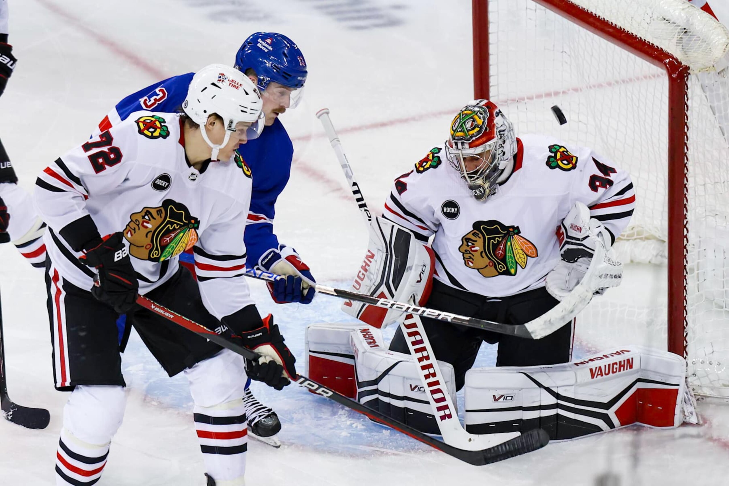NEW YORK, NY - JANUARY 04: New York Rangers Defenseman Jacob Trouba (8) (not pictured) scores a goal during the third period of the National Hockey League game between the Chicago Blackhawks and the New York Rangers on January 4, 2024 at Madison Square Garden in New York, NY. (Photo by Joshua Sarner/Icon Sportswire via Getty Images)