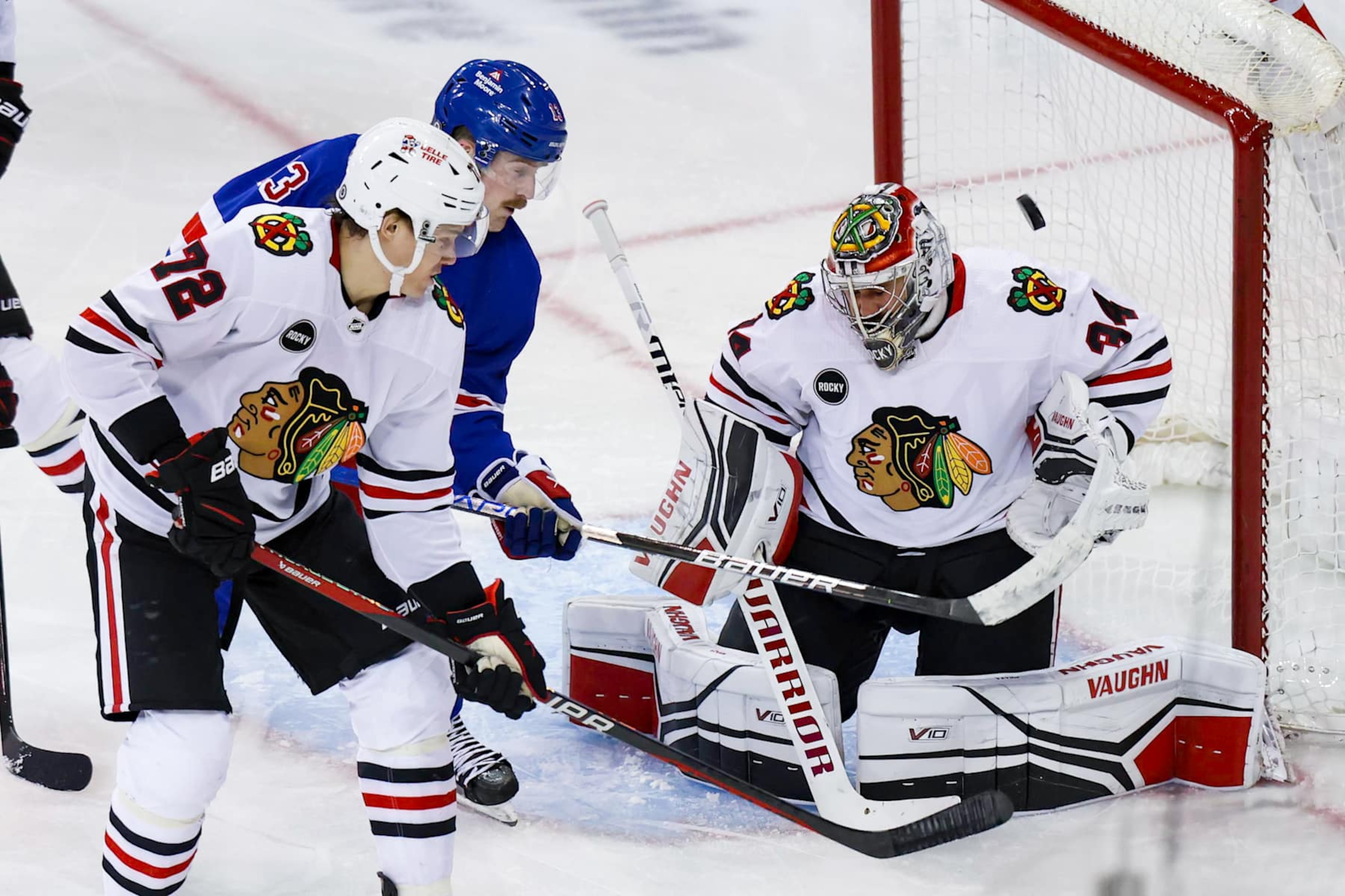 NEW YORK, NY - JANUARY 04: New York Rangers Defenseman Jacob Trouba (8) (not pictured) scores a goal during the third period of the National Hockey League game between the Chicago Blackhawks and the New York Rangers on January 4, 2024 at Madison Square Garden in New York, NY. (Photo by Joshua Sarner/Icon Sportswire via Getty Images)