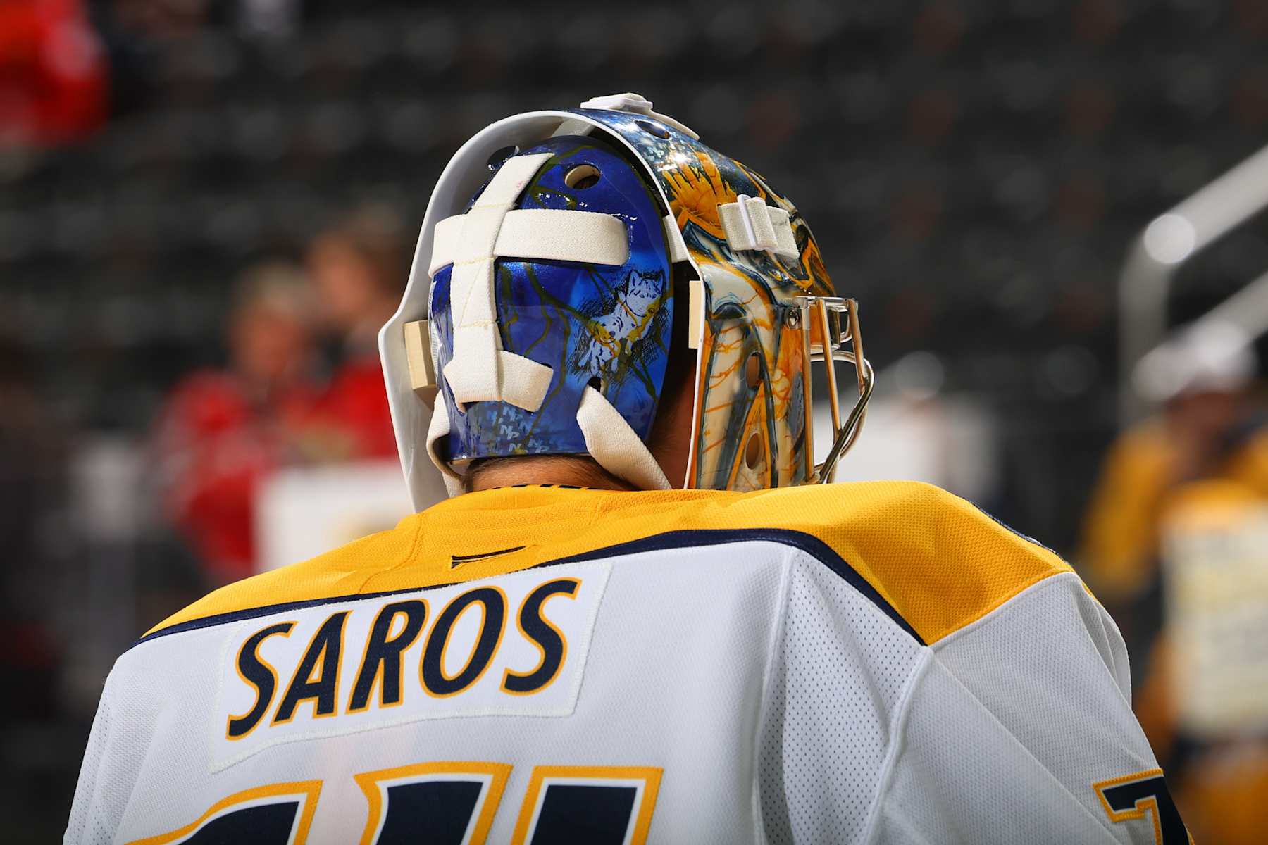 NEWARK, NJ - NOVEMBER 25:  Juuse Saros #74 of the Nashville Predators warms up prior to the game against the New Jersey Devils at the Prudential Center on November 25, 2024 in Newark, New Jersey.  (Photo by Rich Graessle/NHLI via Getty Images)