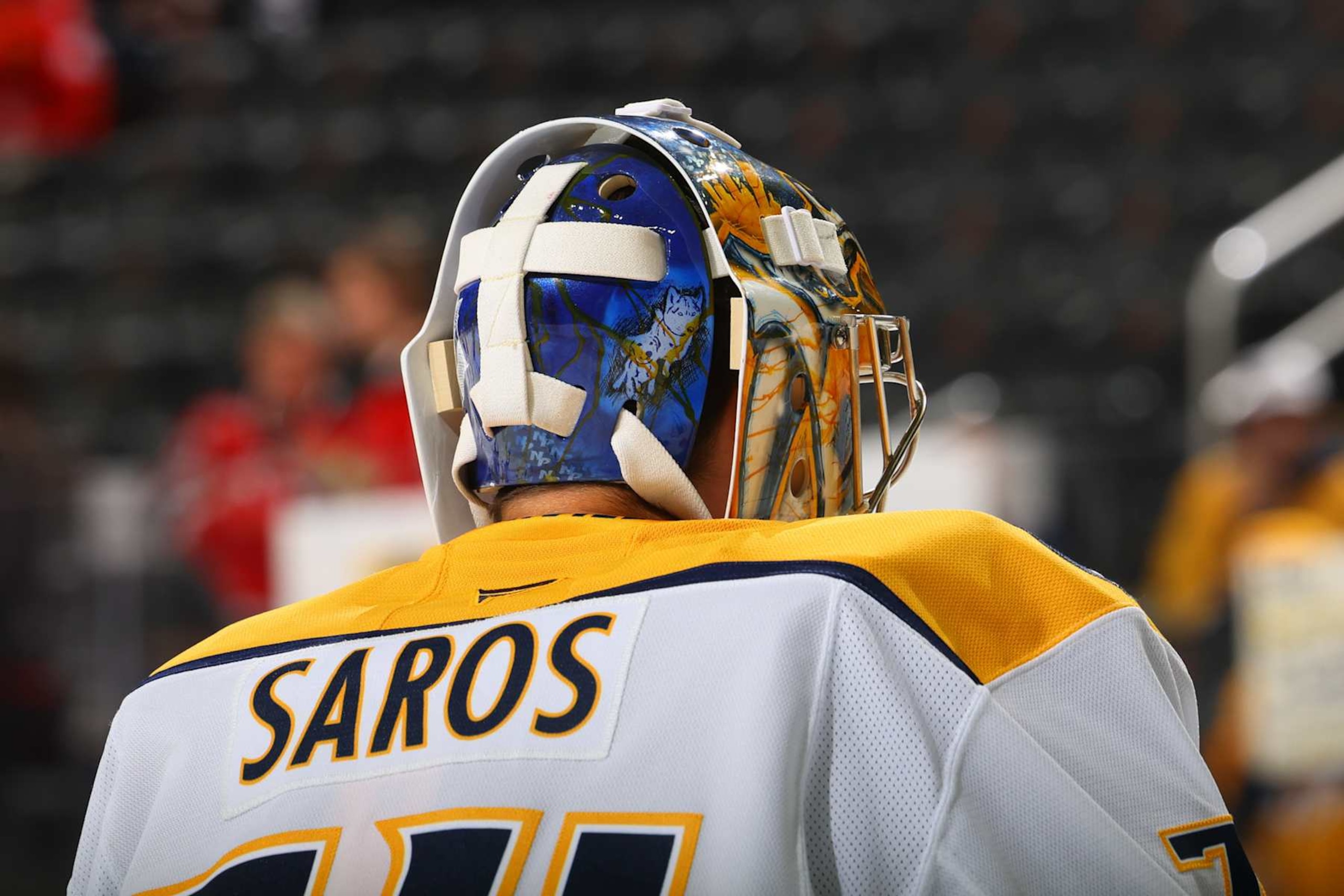 NEWARK, NJ - NOVEMBER 25:  Juuse Saros #74 of the Nashville Predators warms up prior to the game against the New Jersey Devils at the Prudential Center on November 25, 2024 in Newark, New Jersey.  (Photo by Rich Graessle/NHLI via Getty Images)
