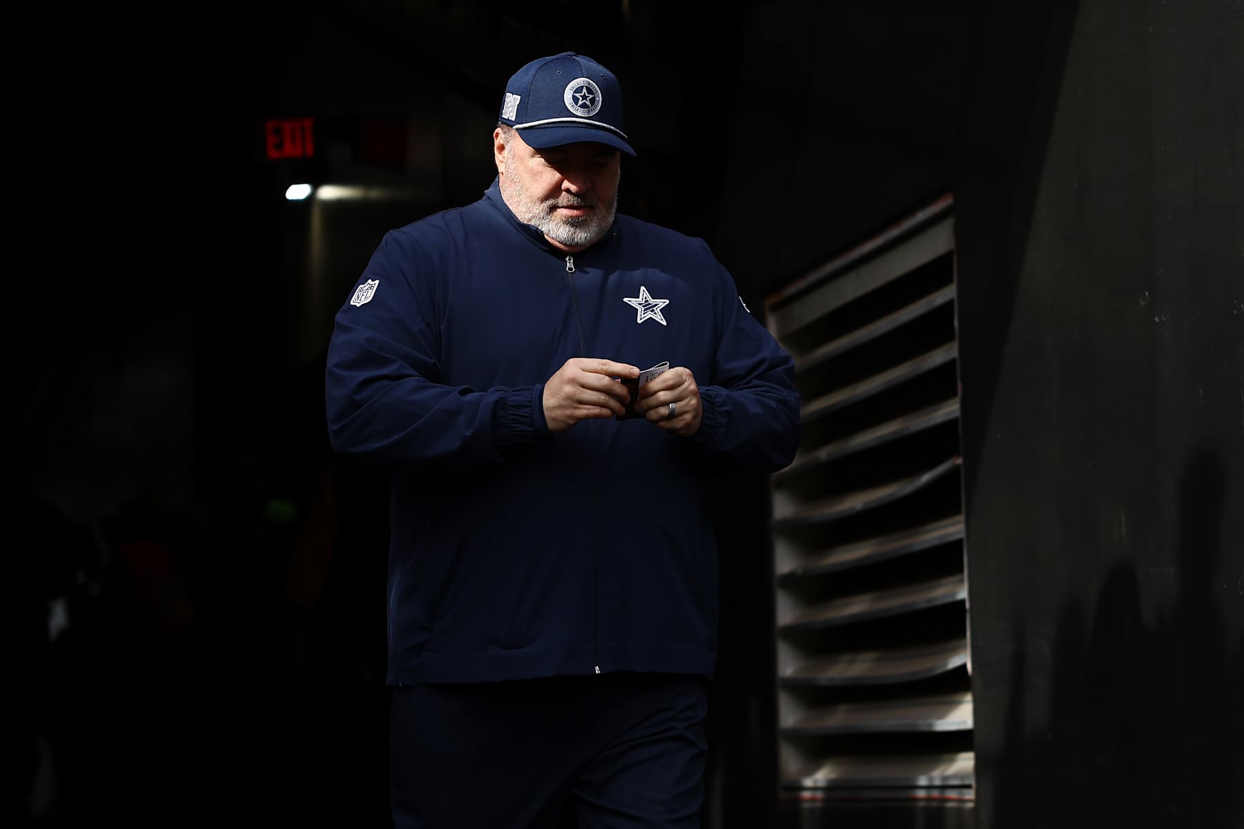 LANDOVER, MARYLAND - NOVEMBER 24: Head coach Mike McCarthy of the Dallas Cowboys takes to the field prior to a game against the Washington Commanders at Northwest Stadium on November 24, 2024 in Landover, Maryland. (Photo by Timothy Nwachukwu/Getty Images)