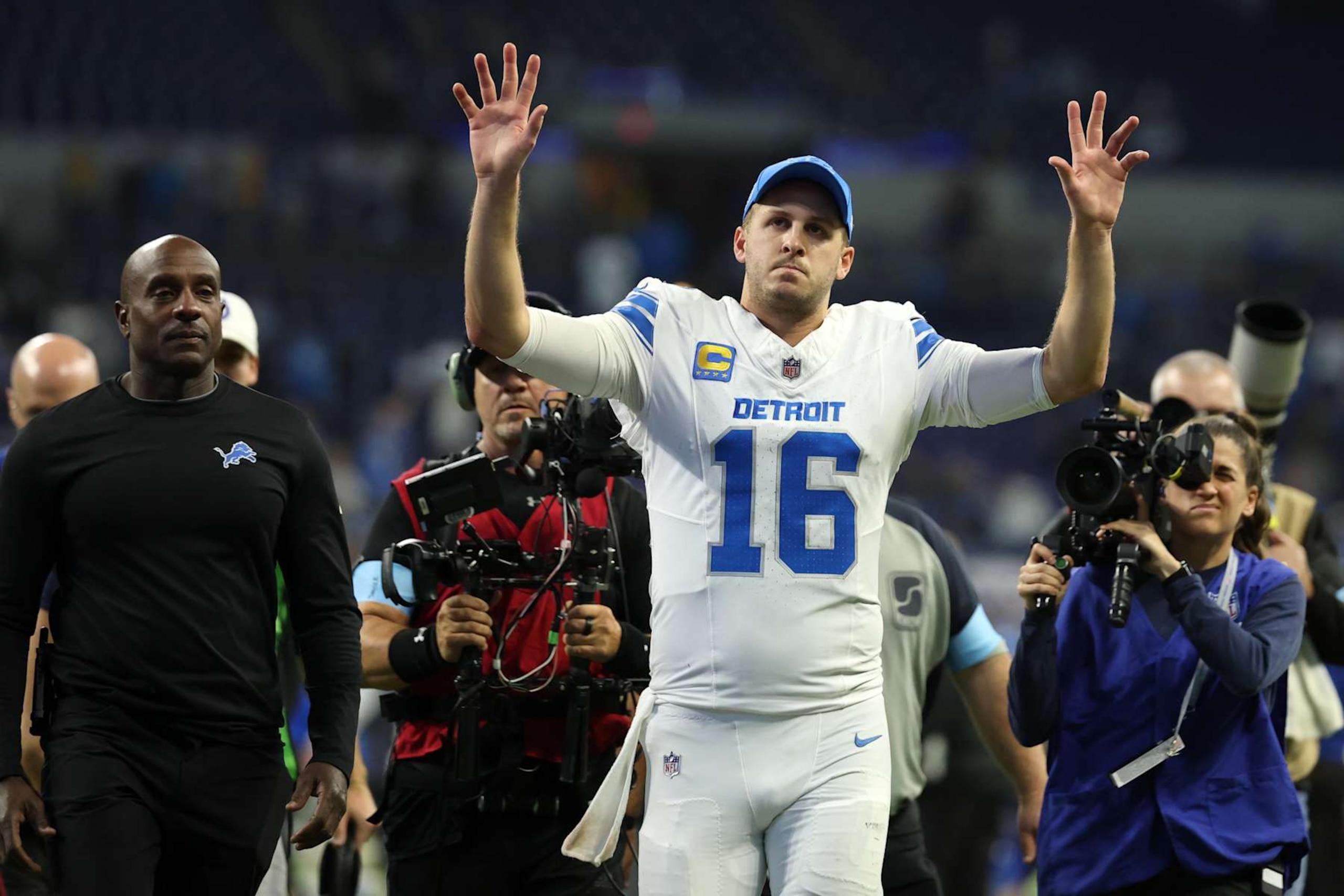 INDIANAPOLIS, INDIANA - NOVEMBER 24: Jared Goff #16 of the Detroit Lions reacts after a 24-6 victory against the Indianapolis Colts at Lucas Oil Stadium on November 24, 2024 in Indianapolis, Indiana. (Photo by Andy Lyons/Getty Images)