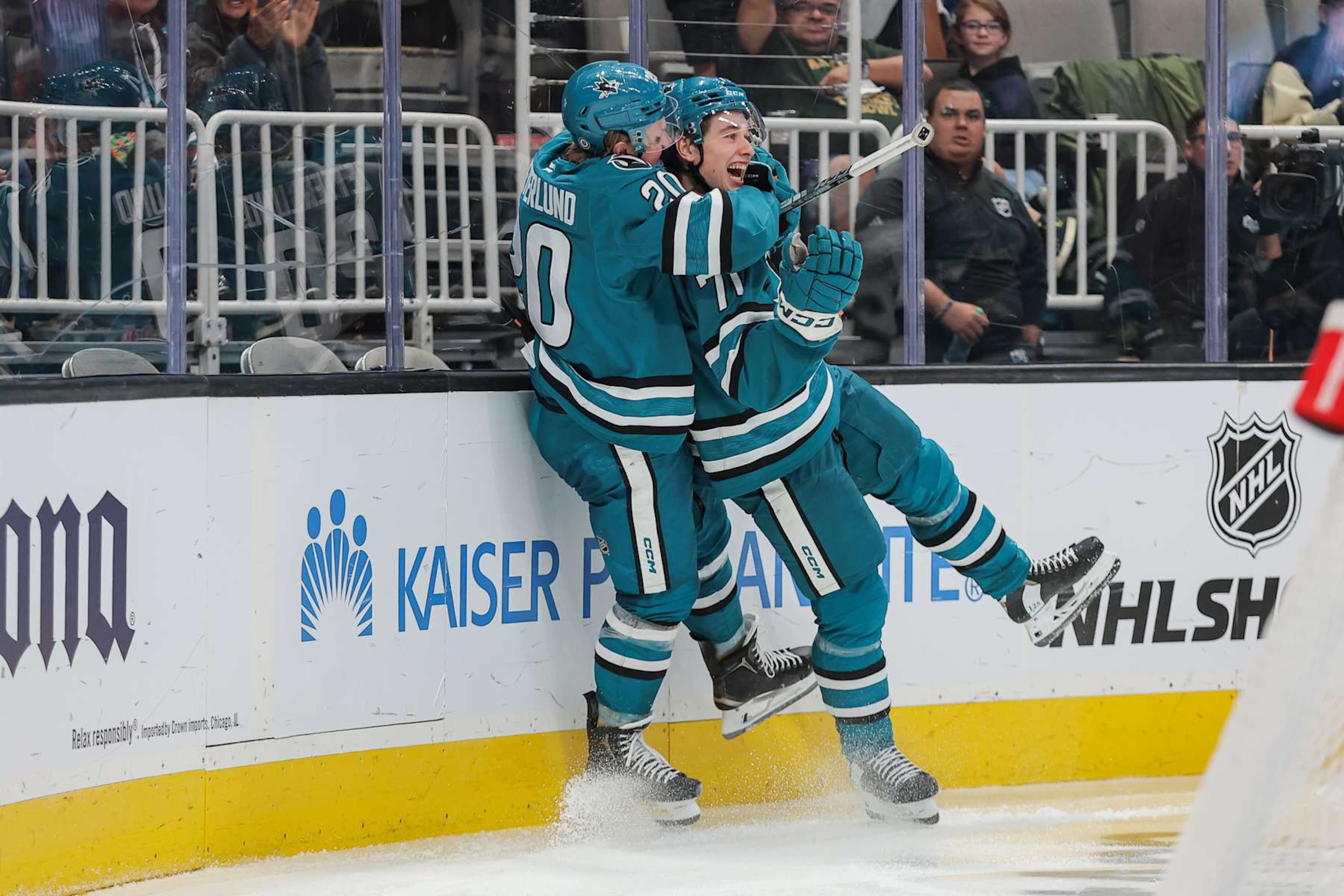 SAN JOSE, CANOVEMBER 25: Macklin Celebrini #71 and Fabian Zetterlund #20 of the San Jose Sharks celebrate after scoring a goal in the third period of a game against the Los Angeles King at SAP Center on November 25, 2024 (Photo by Panayiota Good/NHLI via Getty Images)