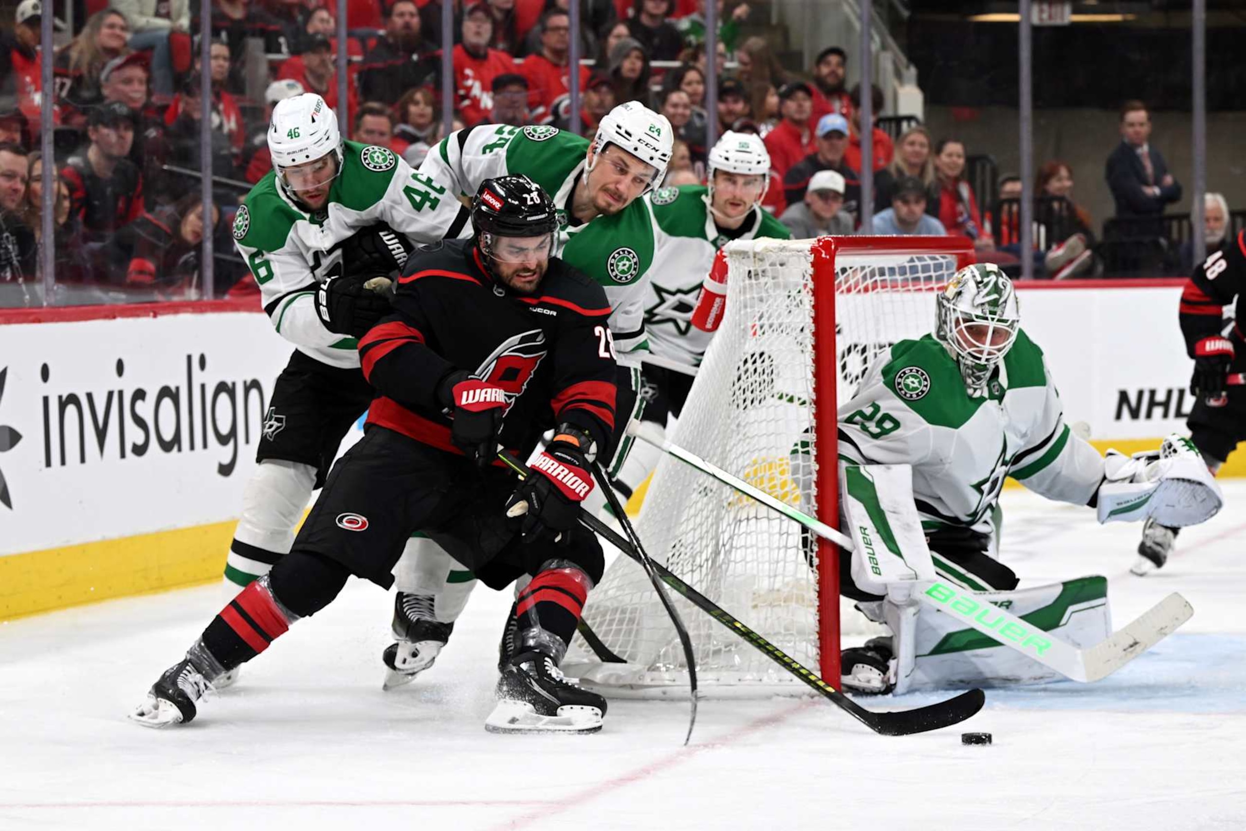 RALEIGH, NC - NOVEMBER 25: Carolina Hurricanes left wing William Carrier (28) brings the puck around the net during the NHL game between the Dallas Stars and the Carolina Hurricanes on November 25, 2024 at Lenovo Center in Raleigh, North Carolina. (Photo by Katherine Gawlik/Icon Sportswire via Getty Images)