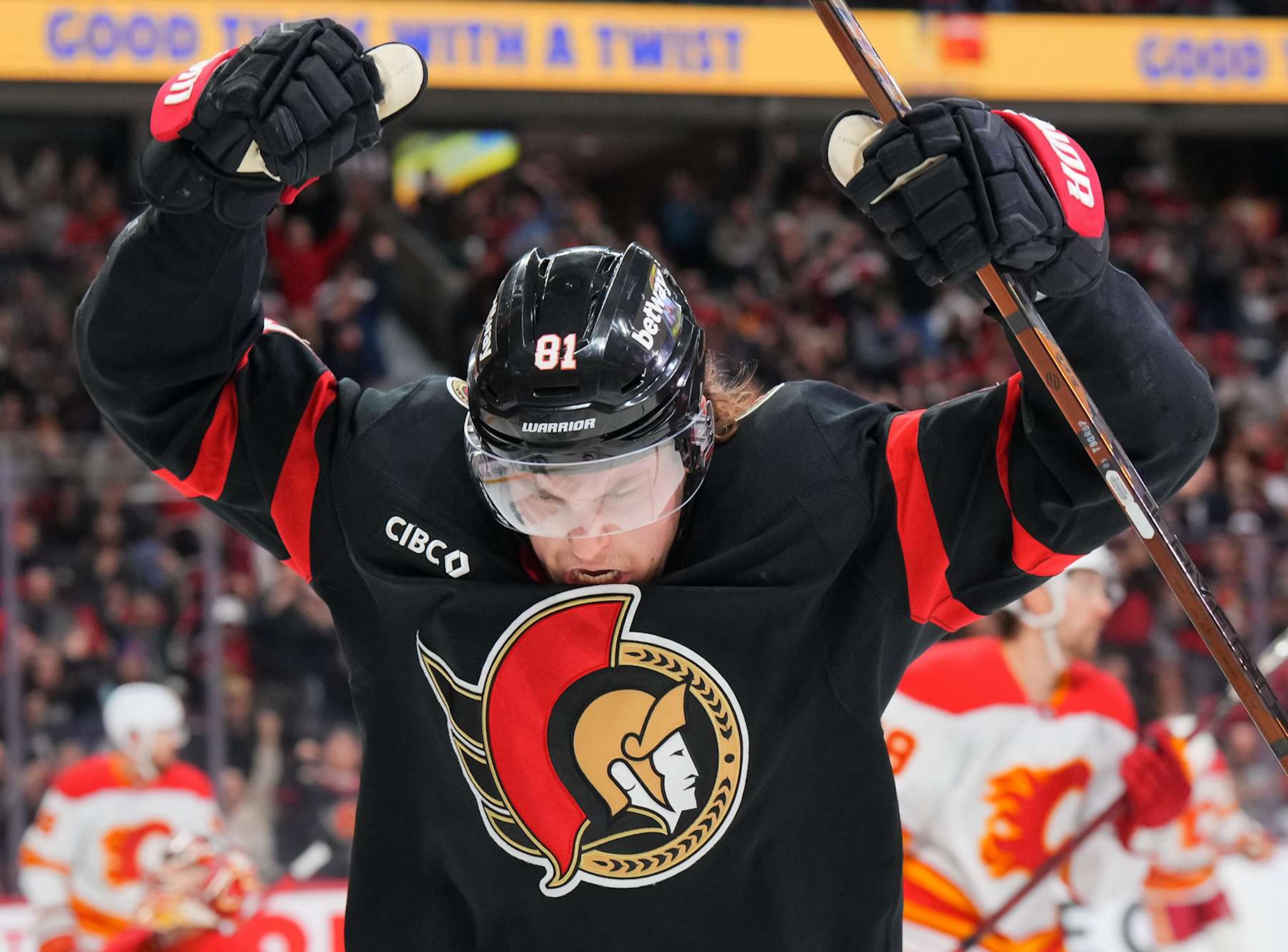 OTTAWA, ON - NOVEMBER 25: Adam Gaudette #81 of the Ottawa Senators celebrates his first period goal against the Calgary Flames at Canadian Tire Centre on November 25, 2024 in Ottawa, Ontario, Canada.  (Photo by André Ringuette/NHLI via Getty Images)
