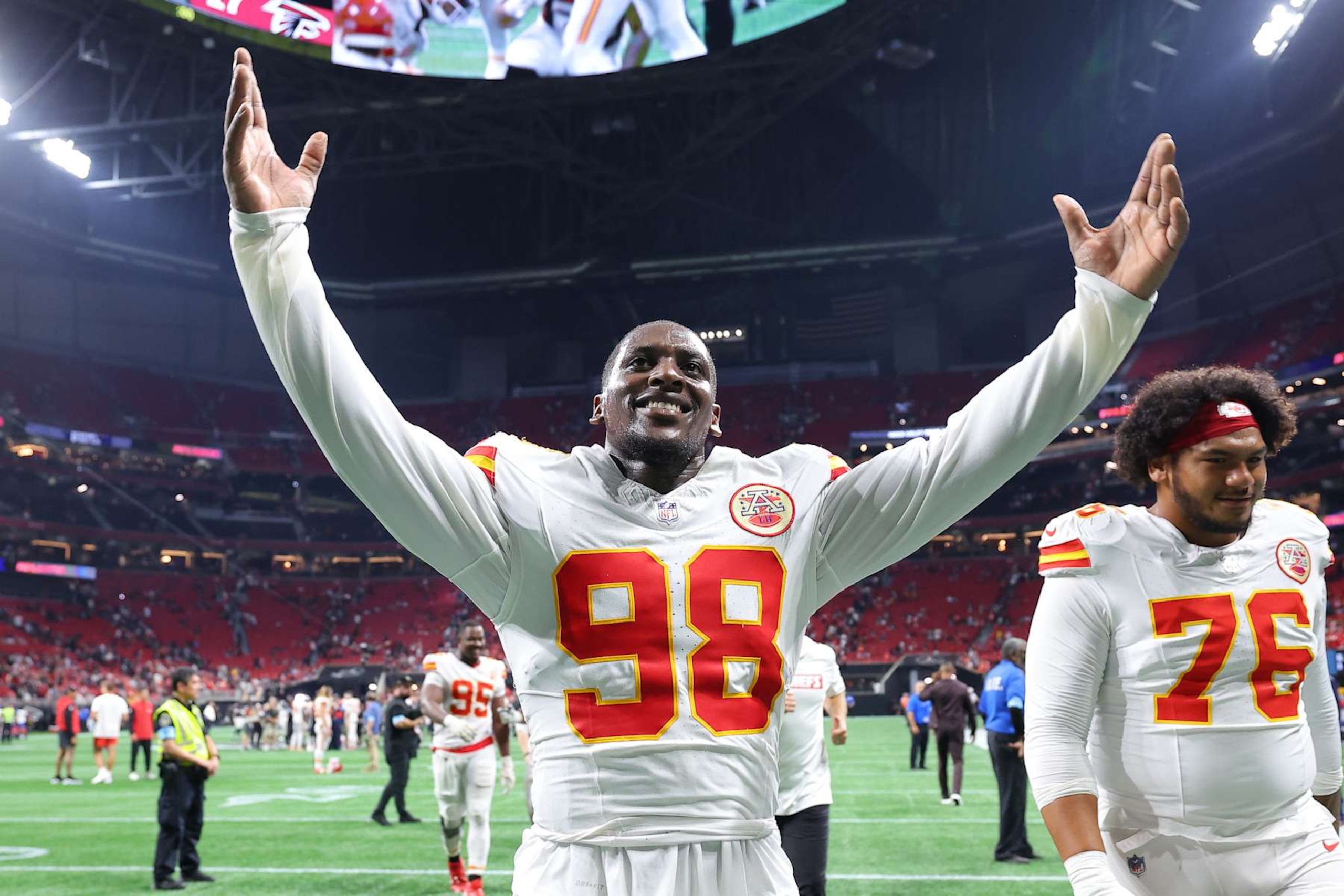 ATLANTA, GEORGIA - SEPTEMBER 22: Tershawn Wharton #98 of the Kansas City Chiefs celebrates after a win over the Atlanta Falcons at Mercedes-Benz Stadium on September 22, 2024 in Atlanta, Georgia. (Photo by Kevin C. Cox/Getty Images)
