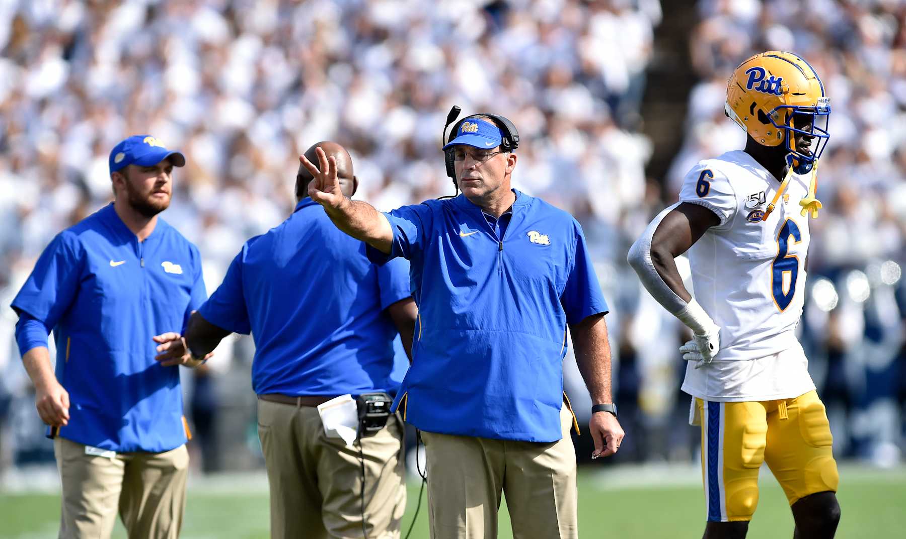 UNIVERSITY PARK, PA - SEPTEMBER 14: Pitt head coach Pat Narduzzi holds up three fingers to signal to kick a field goal on fourth down and 1-yard to go during the fourth quarter of the Pittsburgh Panthers (Pitt) vs. Penn State Nittany Lions September 14, 2019 at Beaver Stadium in University Park, PA. (Photo by Randy Litzinger/Icon Sportswire via Getty Images)