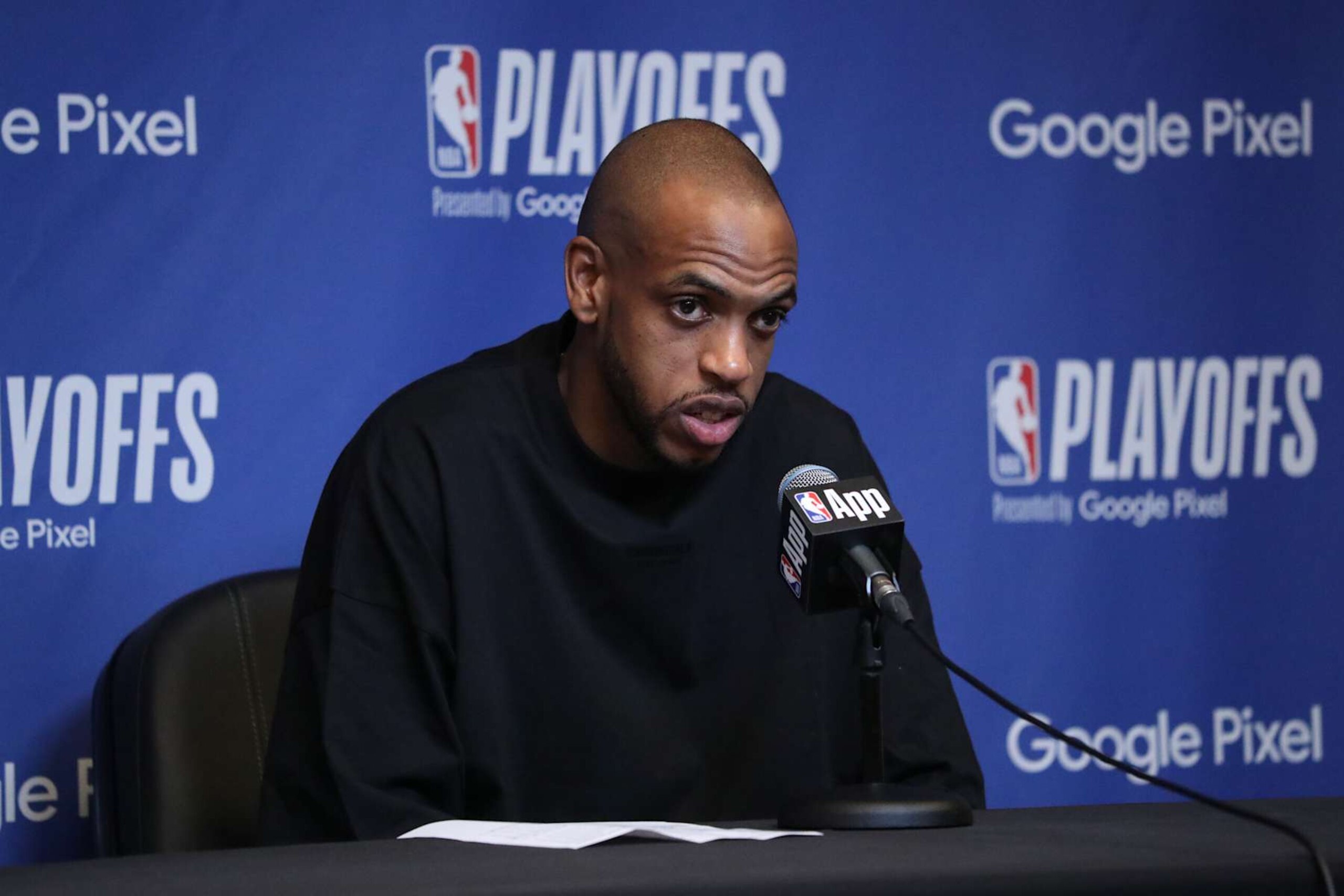 MILWAUKEE, WI - APRIL 30:  Khris Middleton #22 of the Milwaukee Bucks talks to the media after the game  against the Indiana Pacers during Round 1 Game 5 of the 2024 NBA Playoffs on April 30, 2024 at the Fiserv Forum Center in Milwaukee, Wisconsin. NOTE TO USER: User expressly acknowledges and agrees that, by downloading and or using this Photograph, user is consenting to the terms and conditions of the Getty Images License Agreement. Mandatory Copyright Notice: Copyright 2024 NBAE (Photo by Gary Dineen/NBAE via Getty Images).