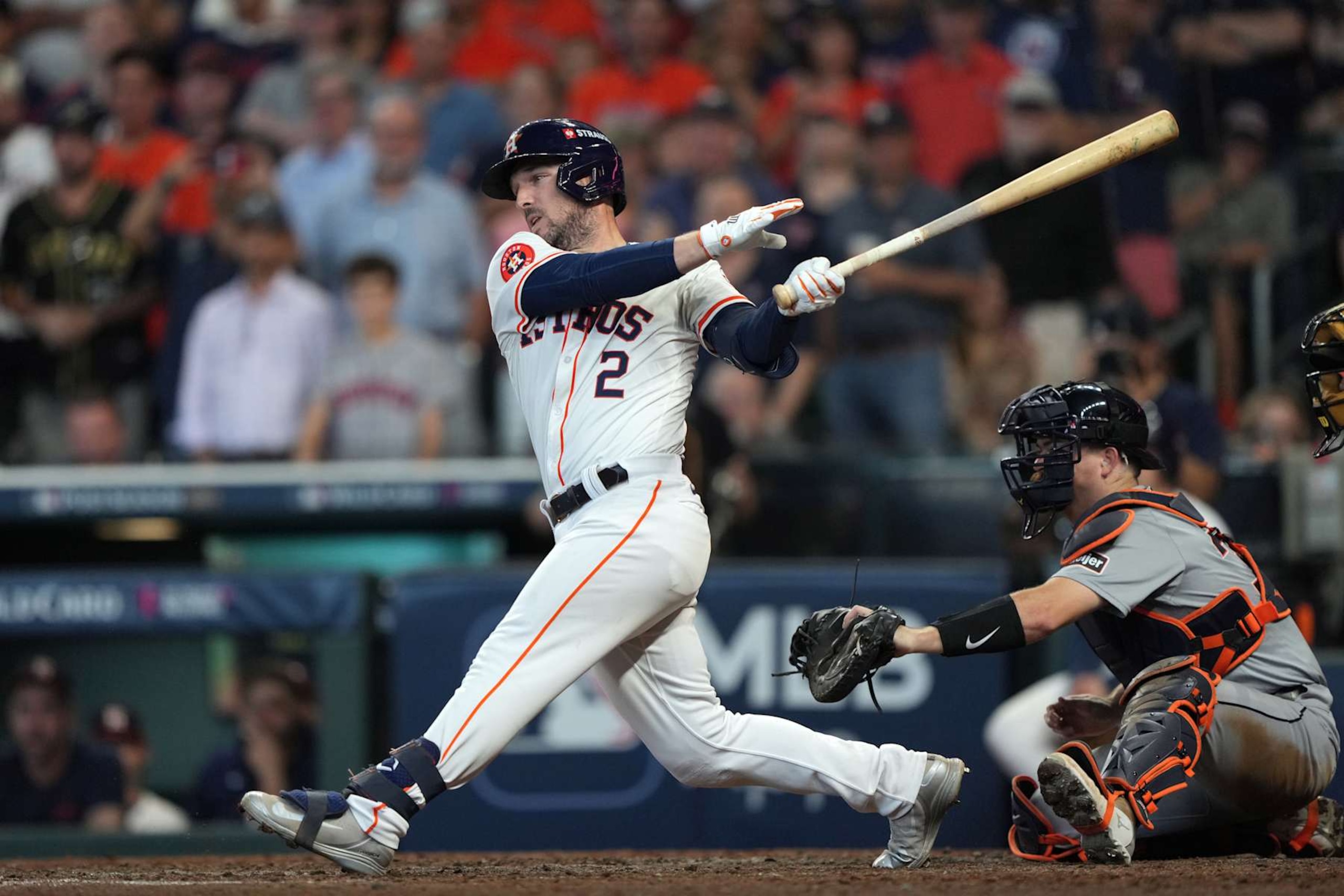 HOUSTON, TX - OCTOBER 01:  Alex Bregman #2 of the Houston Astros singles in the ninth inning during Game 1 of the Wild Card Series presented by T-Mobile 5G Home Internet between the Detroit Tigers and the Houston Astros at Minute Maid Park on Tuesday, October 1, 2024 in Houston, Texas. (Photo by Alex Bierens de Haan/MLB Photos via Getty Images)