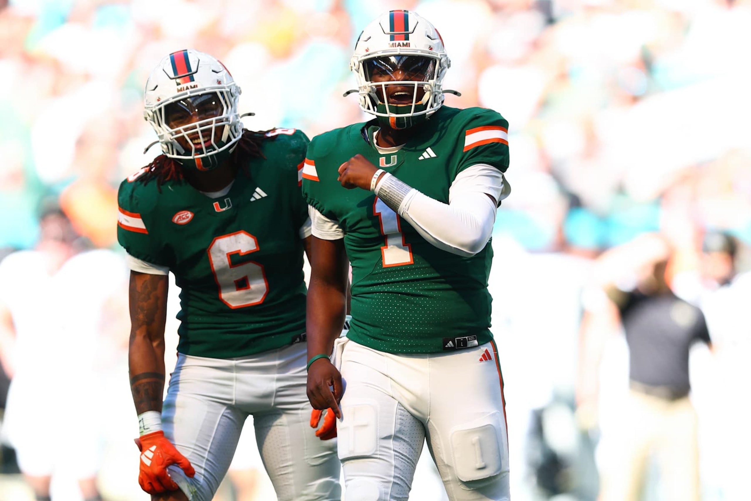 MIAMI GARDENS, FLORIDA - NOVEMBER 23: Cam Ward #1 of the Miami Hurricanes reacts during the second quarter of the game against the Wake Forest Demon Deacons at Hard Rock Stadium on November 23, 2024 in Miami Gardens, Florida. (Photo by Megan Briggs/Getty Images)