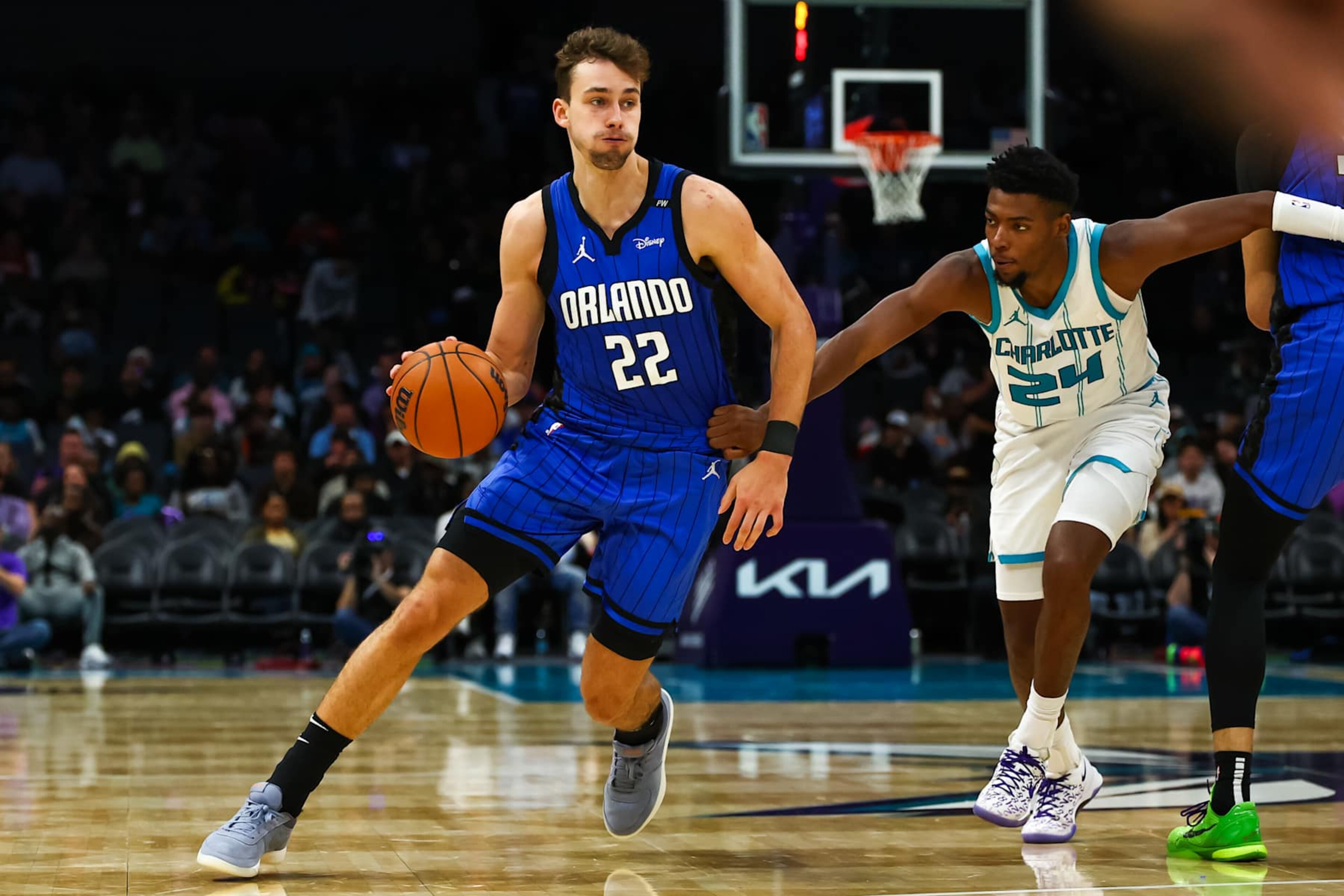 CHARLOTTE, NORTH CAROLINA - NOVEMBER 25: Franz Wagner #22 of the Orlando Magic drives to the basket during the second half of a basketball game .ah at Spectrum Center on November 25, 2024 in Charlotte, North Carolina. NOTE TO USER: User expressly acknowledges and agrees that, by downloading and or using this photograph, User is consenting to the terms and conditions of the Getty Images License Agreement. (Photo by David Jensen/Getty Images) CHARLOTTE, NORTH CAROLINA - NOVEMBER 25: Franz Wagner #22 of the Orlando Magic drives to the basket during the second half of a basketball game .ah at Spectrum Center on November 25, 2024 in Charlotte, North Carolina. NOTE TO USER: User expressly acknowledges and agrees that, by downloading and or using this photograph, User is consenting to the terms and conditions of the Getty Images License Agreement. (Photo by David Jensen/Getty Images)