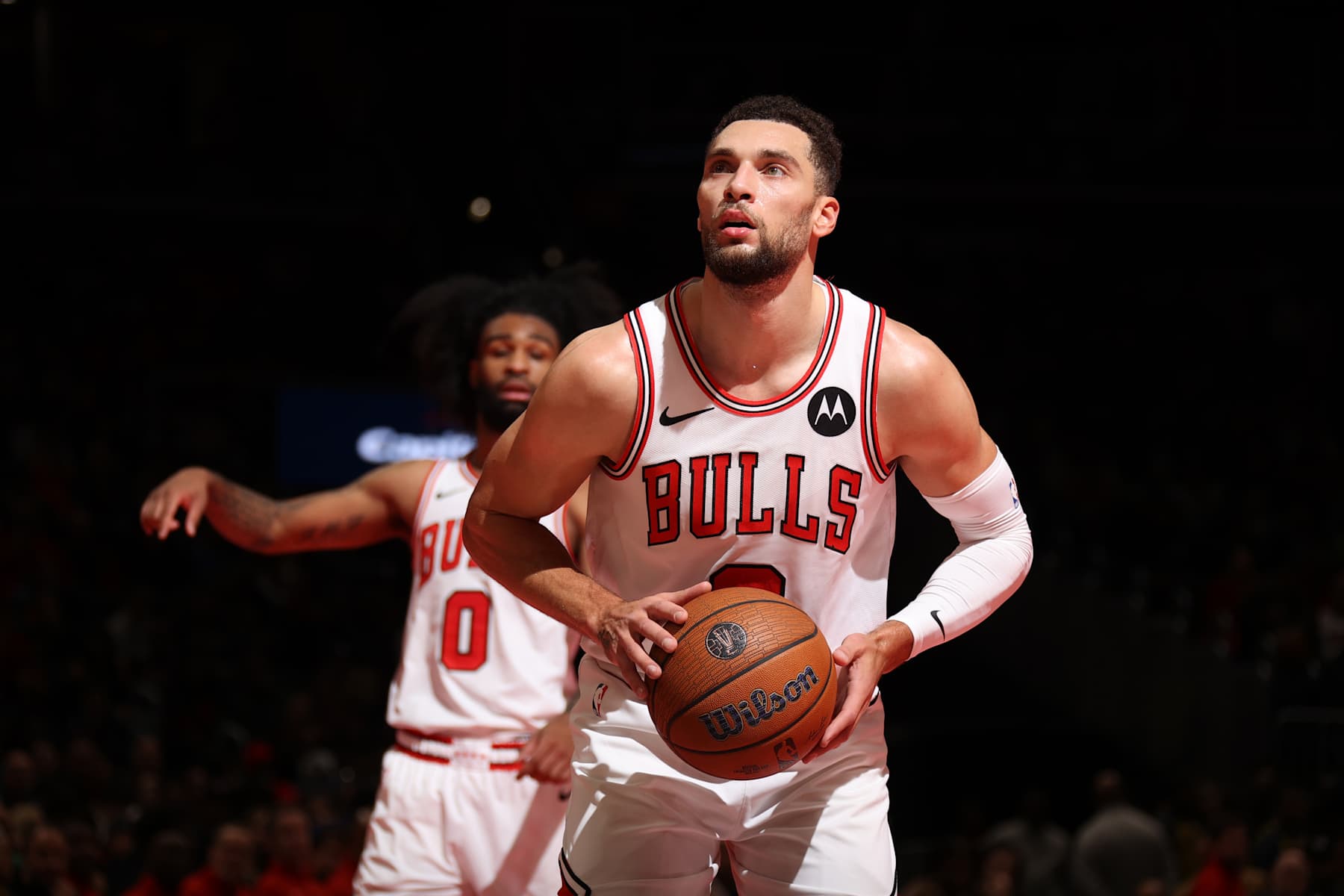 WASHINGTON, DC -  NOVEMBER 26: Zach LaVine #8 of the Chicago Bulls shoots a free throw during the game against the Washington Wizards during the Emirates NBA Cup game on November 26, 2024 at Capital One Arena in Washington, DC. NOTE TO USER: User expressly acknowledges and agrees that, by downloading and or using this Photograph, user is consenting to the terms and conditions of the Getty Images License Agreement. Mandatory Copyright Notice: Copyright 2024 NBAE (Photo by Stephen Gosling/NBAE via Getty Images)