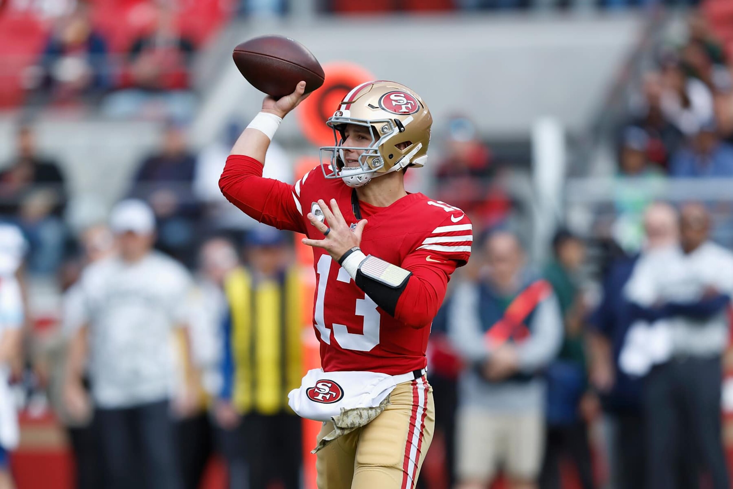 SANTA CLARA, CALIFORNIA - NOVEMBER 17: Brock Purdy #13 of the San Francisco 49ers passes the ball in the first quarter against the Seattle Seahawks at Levi's Stadium on November 17, 2024 in Santa Clara, California. (Photo by Lachlan Cunningham/Getty Images) SANTA CLARA, CALIFORNIA - NOVEMBER 17: Brock Purdy #13 of the San Francisco 49ers passes the ball in the first quarter against the Seattle Seahawks at Levi's Stadium on November 17, 2024 in Santa Clara, California. (Photo by Lachlan Cunningham/Getty Images)