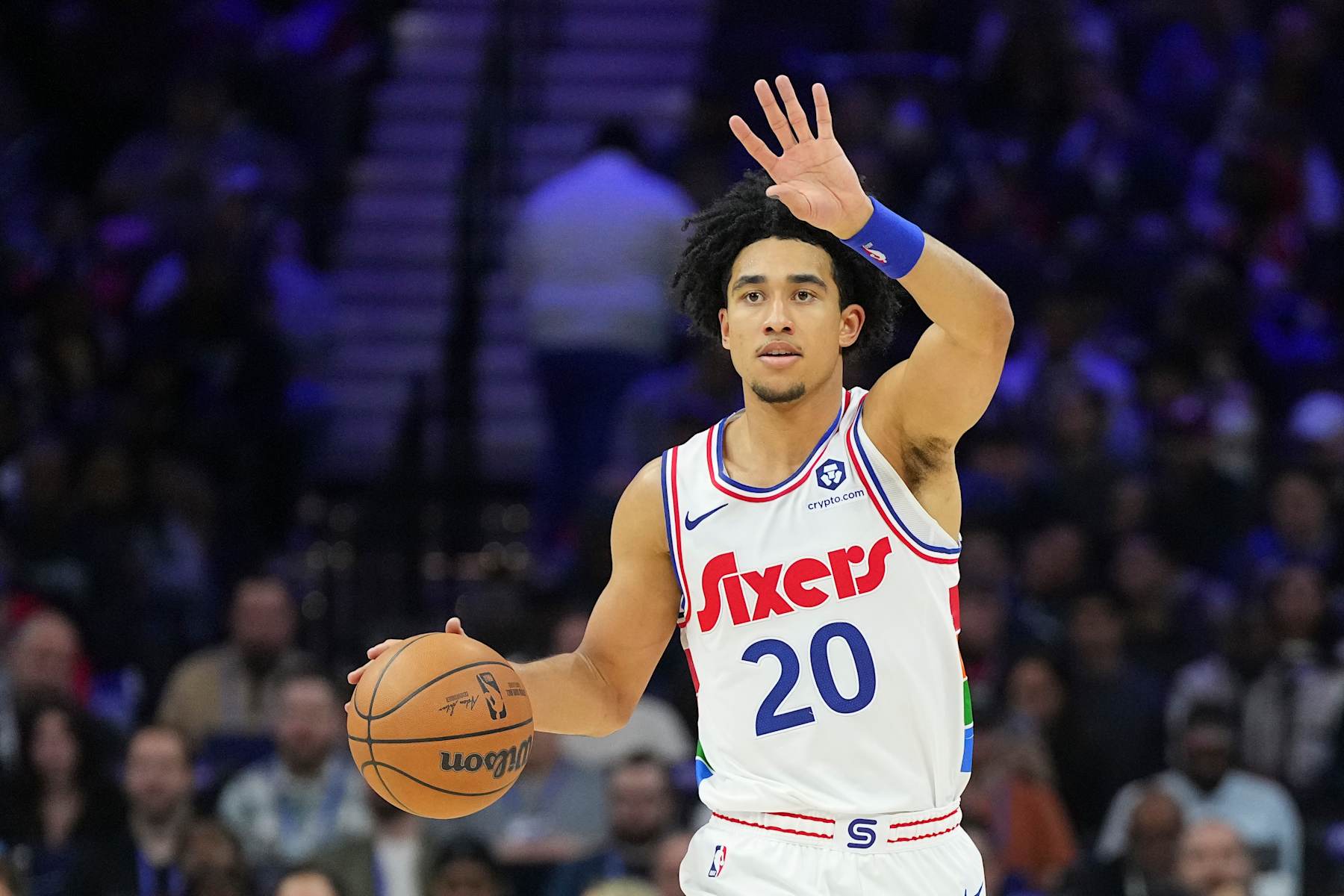 PHILADELPHIA, PENNSYLVANIA - NOVEMBER 24: Jared McCain #20 of the Philadelphia 76ers dribbles the ball against the LA Clippers at the Wells Fargo Center on November 24, 2024 in Philadelphia, Pennsylvania. The Clippers defeated the 76ers 125-99. NOTE TO USER: User expressly acknowledges and agrees that, by downloading and/or using this photograph, user is consenting to the terms and conditions of the Getty Images License Agreement. (Photo by Mitchell Leff/Getty Images)