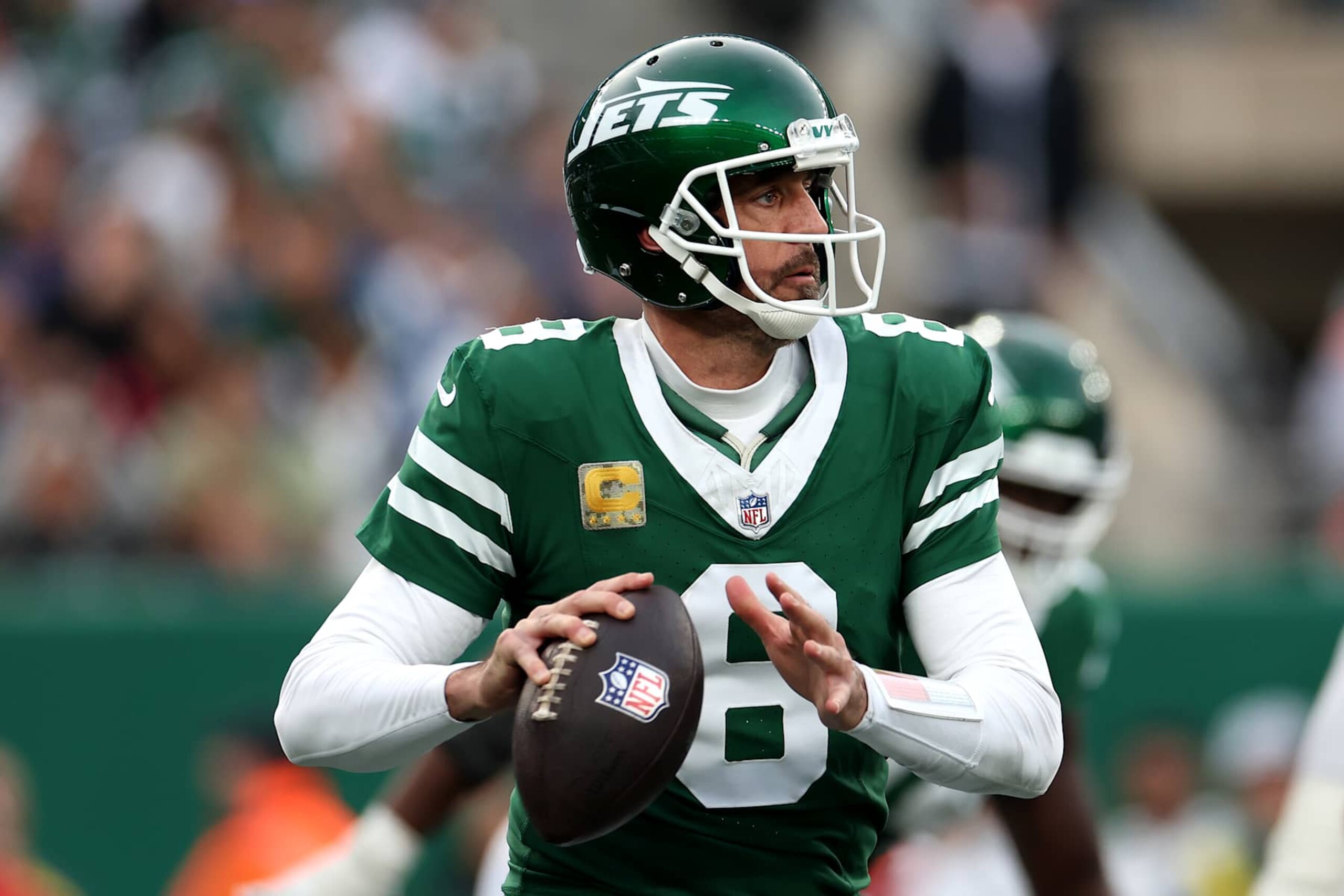 EAST RUTHERFORD, NEW JERSEY - NOVEMBER 17: Aaron Rodgers #8 of the New York Jets in action against the Indianapolis Colts at MetLife Stadium on November 17, 2024 in East Rutherford, New Jersey. (Photo by Luke Hales/Getty Images) EAST RUTHERFORD, NEW JERSEY - NOVEMBER 17: Aaron Rodgers #8 of the New York Jets in action against the Indianapolis Colts at MetLife Stadium on November 17, 2024 in East Rutherford, New Jersey. (Photo by Luke Hales/Getty Images)