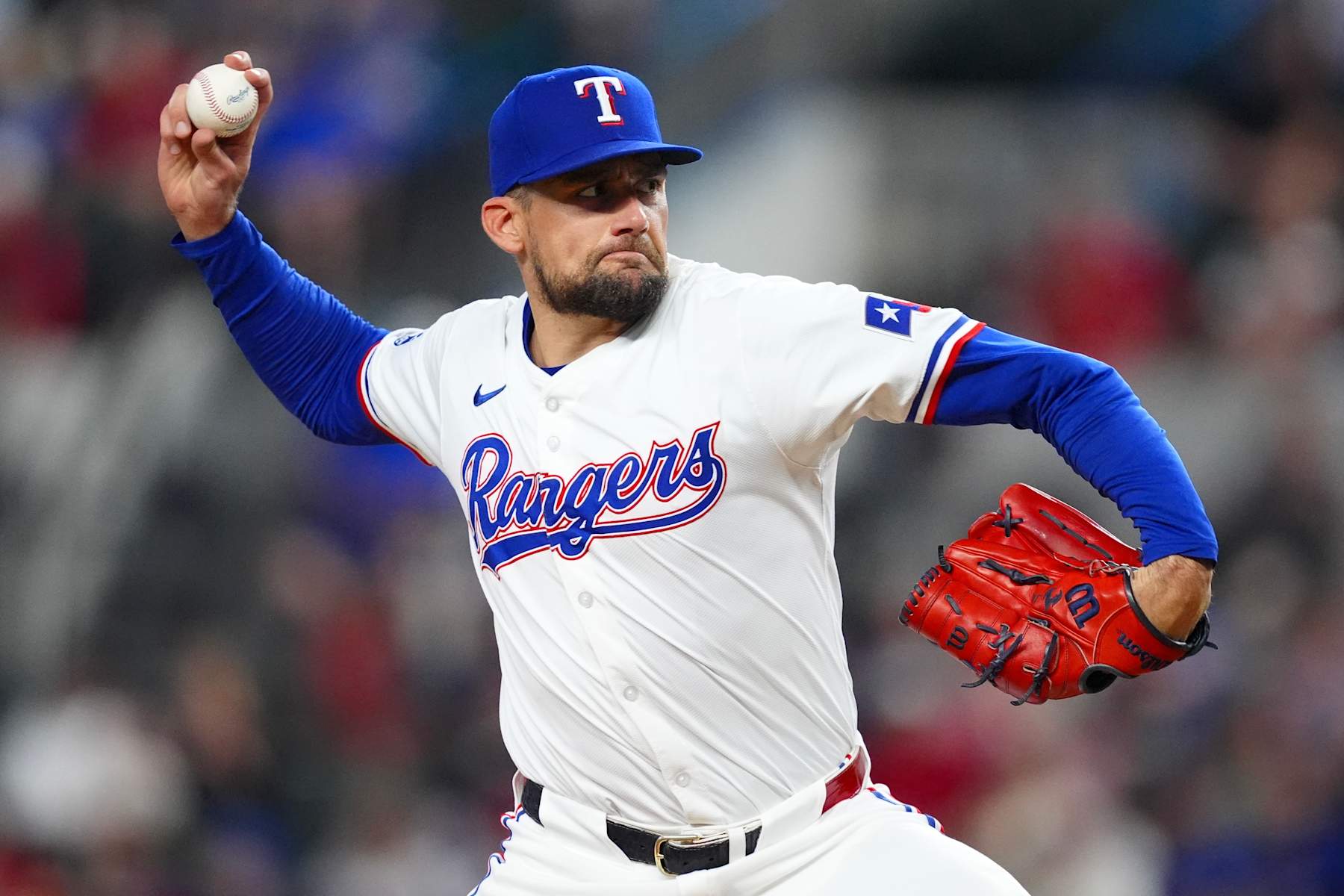 ARLINGTON, TEXAS - SEPTEMBER 17: Nathan Eovaldi #17 of the Texas Rangers pitches during the first inning against the Toronto Blue Jays at Globe Life Field on September 17, 2024 in Arlington, Texas. (Photo by Sam Hodde/Getty Images)